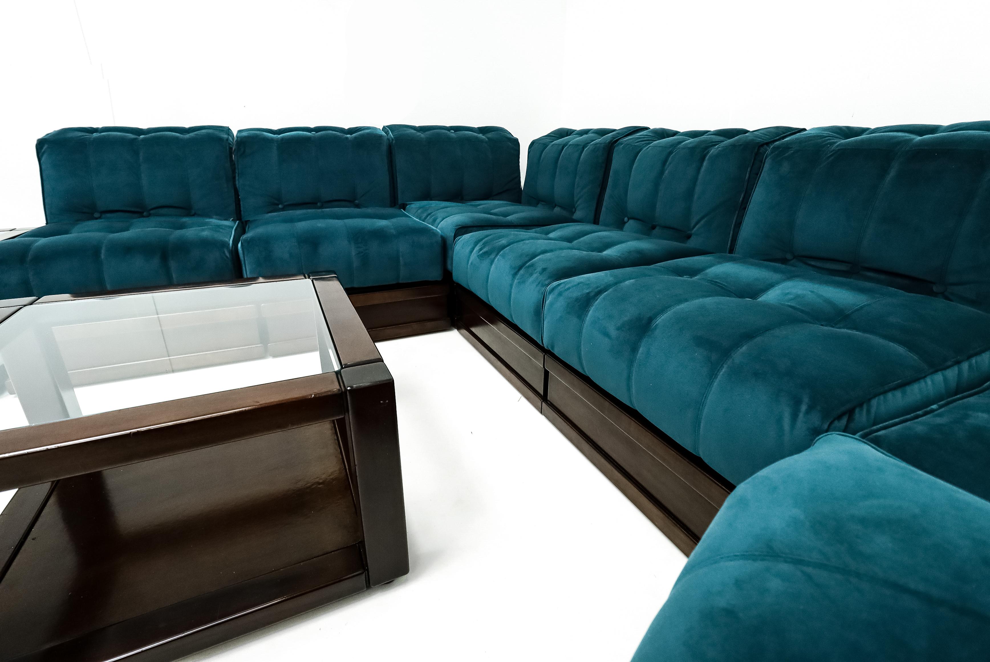 20th Century Vintage Italian Luciano Frigerio  9 piece Velvet modular Sofa with two tables