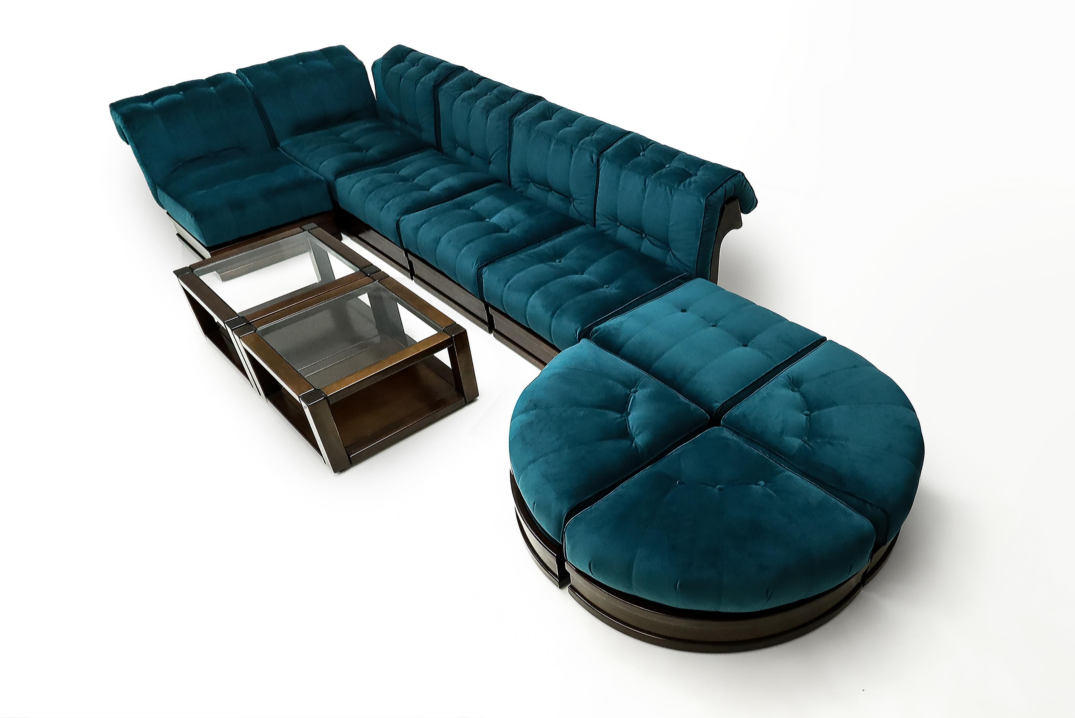 Vintage Italian Luciano Frigerio  9 piece Velvet modular Sofa with two tables 1