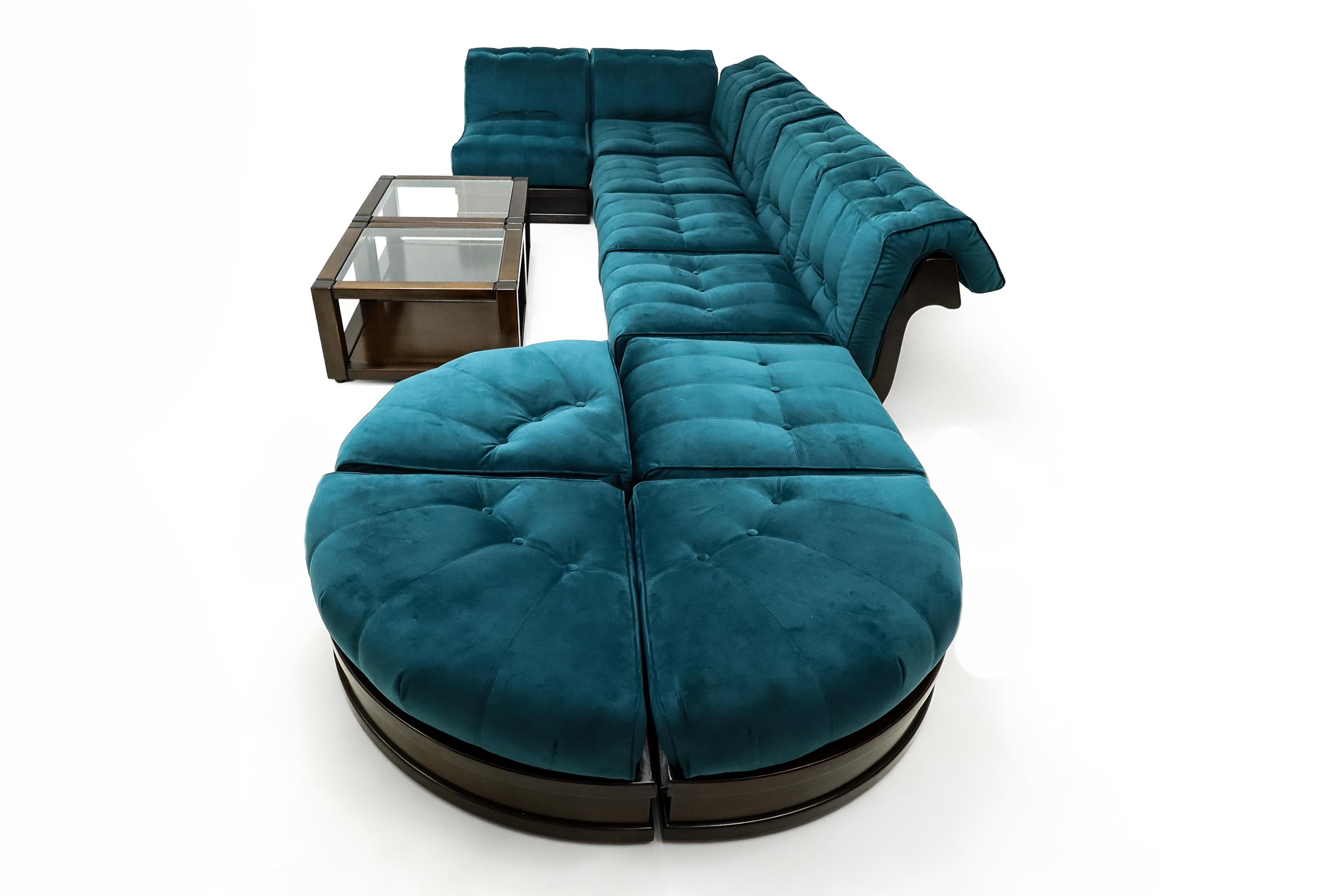Vintage Italian Luciano Frigerio  9 piece Velvet modular Sofa with two tables 2
