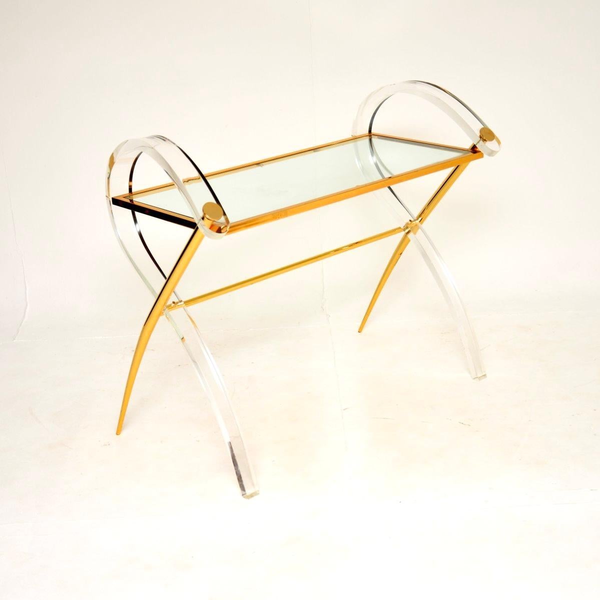 Mid-Century Modern Vintage Italian Lucite and Gold Finish Console Table For Sale