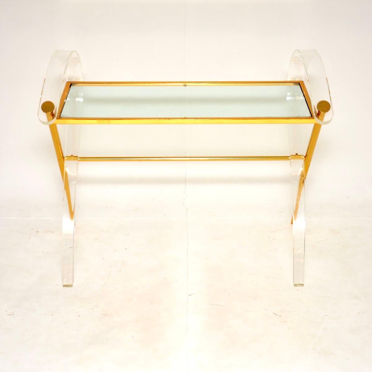 Aluminum Vintage Italian Lucite and Gold Finish Console Table For Sale