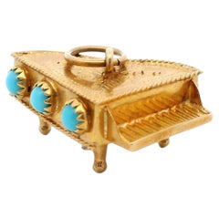 Vintage Italian Made 18K Yellow Gold Piano with Turquoise Charm Pendant