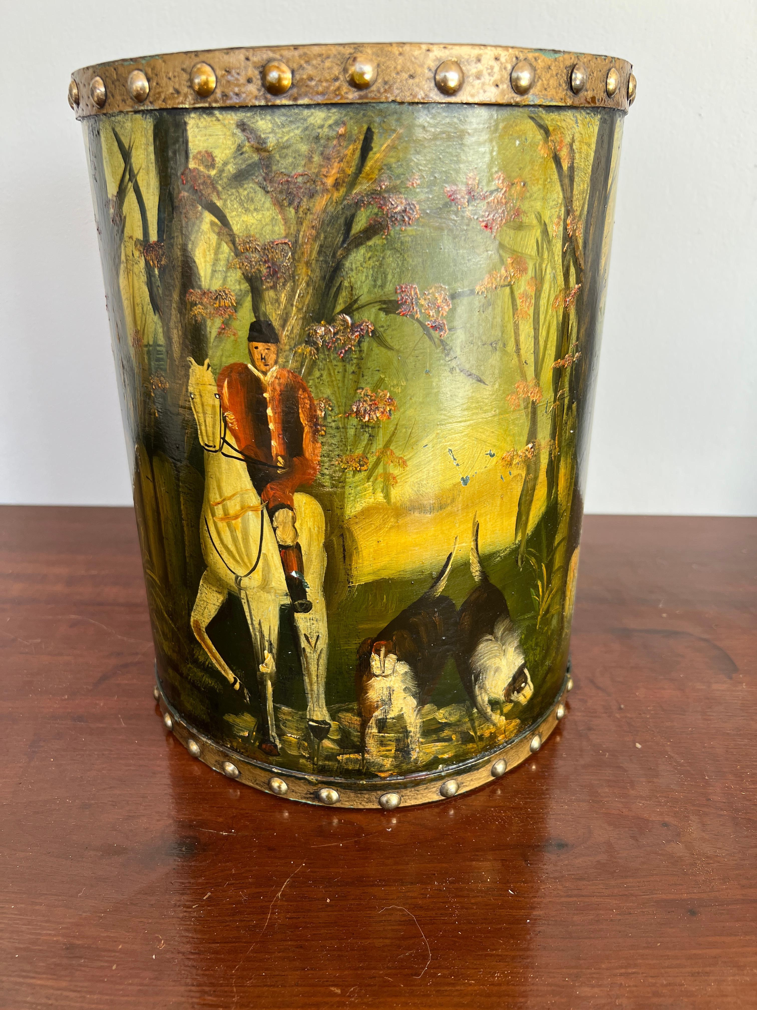 Italian, 20th century.

A vintage leather and paint decorated trash can or waste bin hand painted with equestrian themed hunting dog landscape. Likely originally had label to underside.
