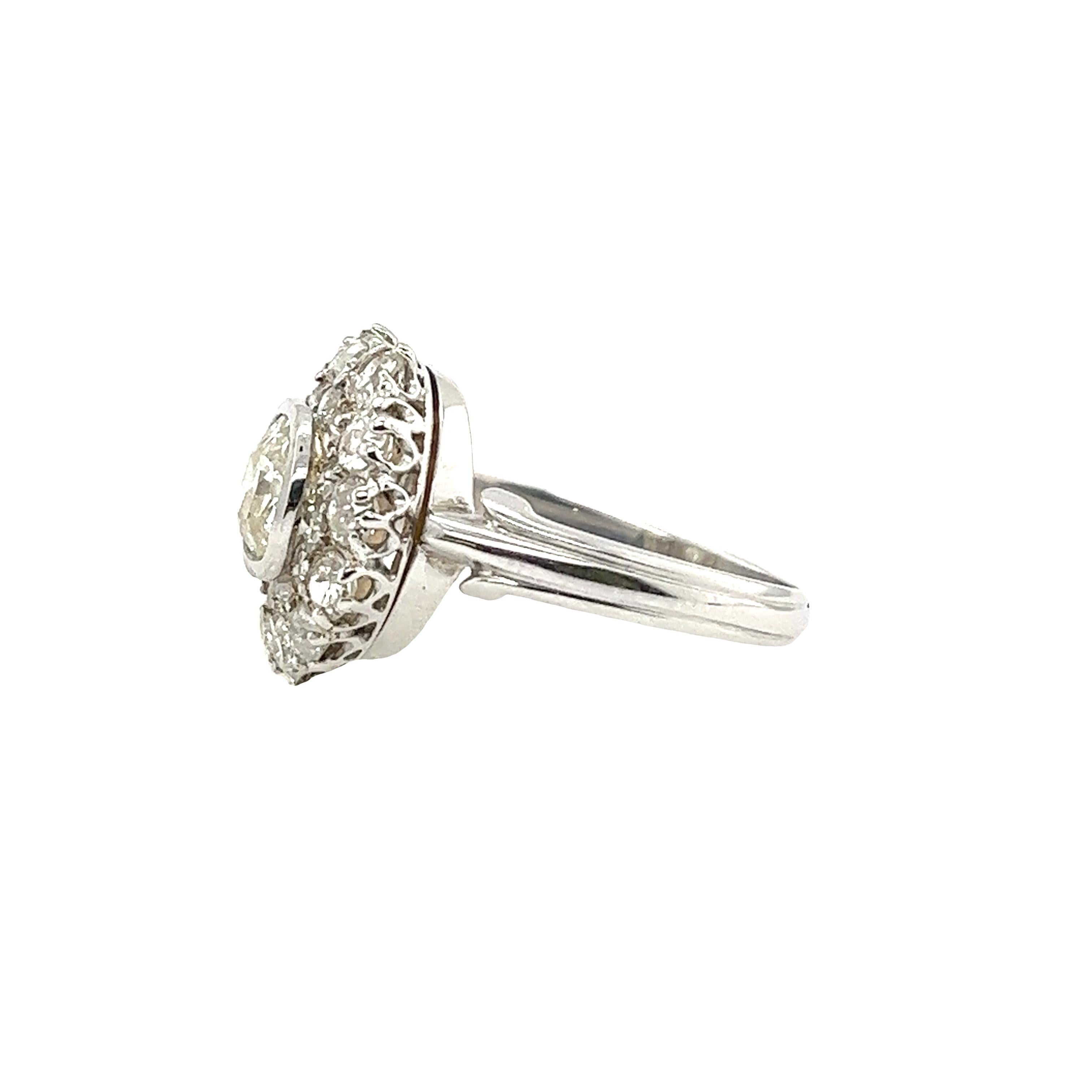 Art Deco Vintage Italian Made Diamond Cluster Ring, Set With 2.37ct Victorian Diamonds For Sale