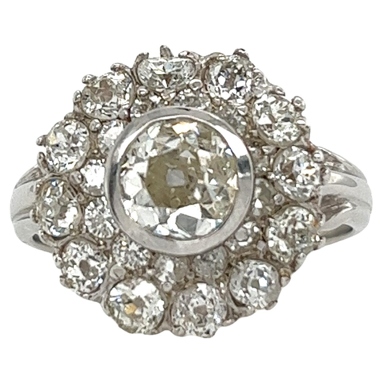Vintage Italian Made Diamond Cluster Ring, Set With 2.37ct Victorian Diamonds For Sale