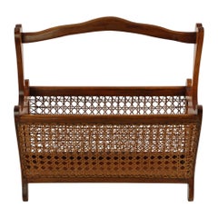 Vintage Italian Magazine Rack, Wood and Woven Cane Panels, Elegant Design