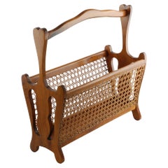 Vintage Italian Magazine Rack, Wood and Woven Cane Panels, Elegant Design