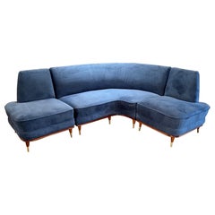 Vintage Italian Mahogany and Brass Sofa with Blue Velvet Upholstery