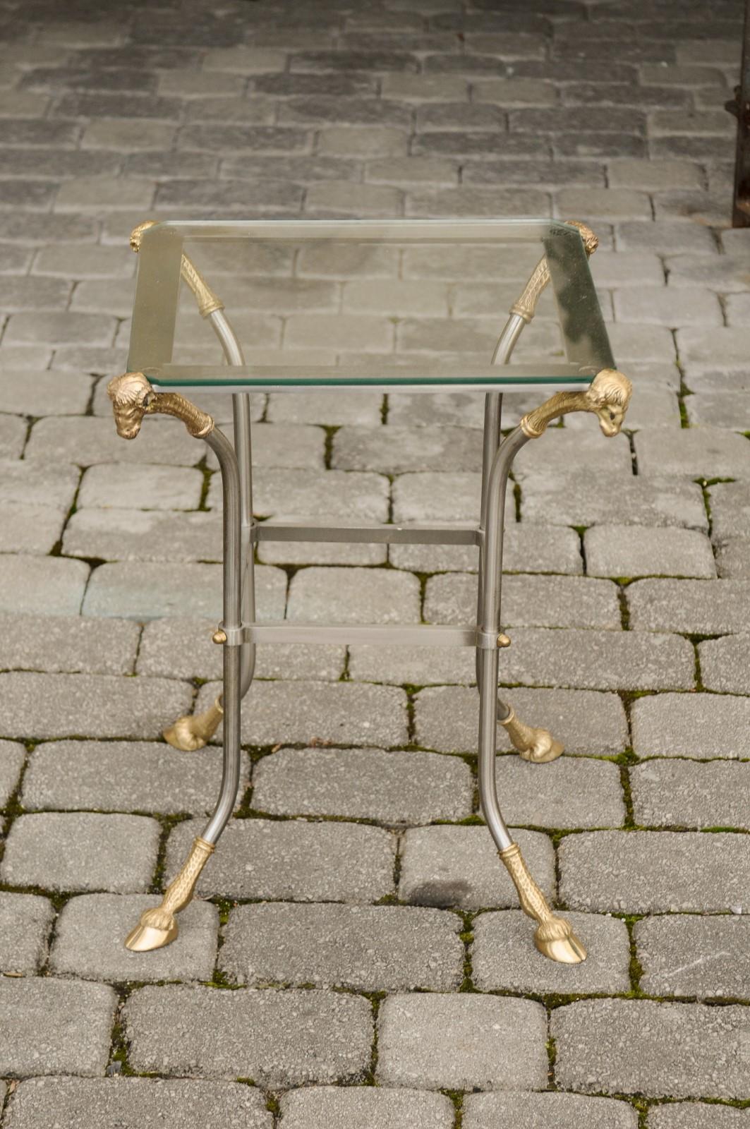 Vintage Italian Maison Jansen Style Bronze and Steel Side Table with Rams Heads 5