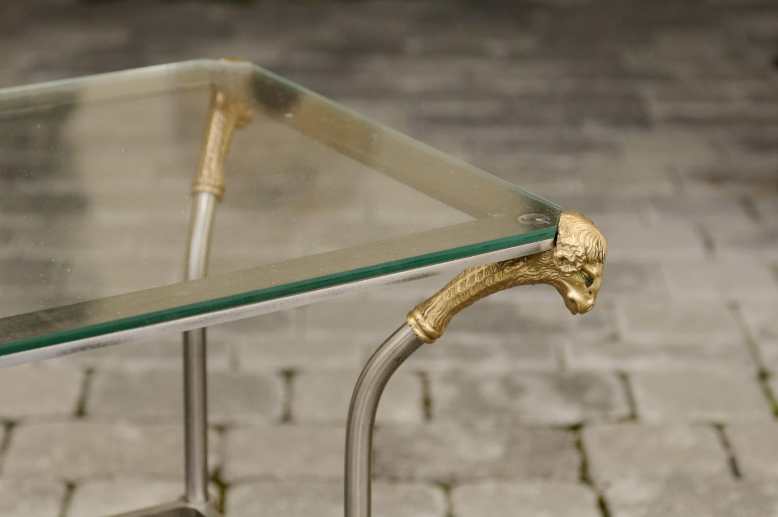 Vintage Italian Maison Jansen Style Bronze and Steel Side Table with Rams Heads In Good Condition In Atlanta, GA