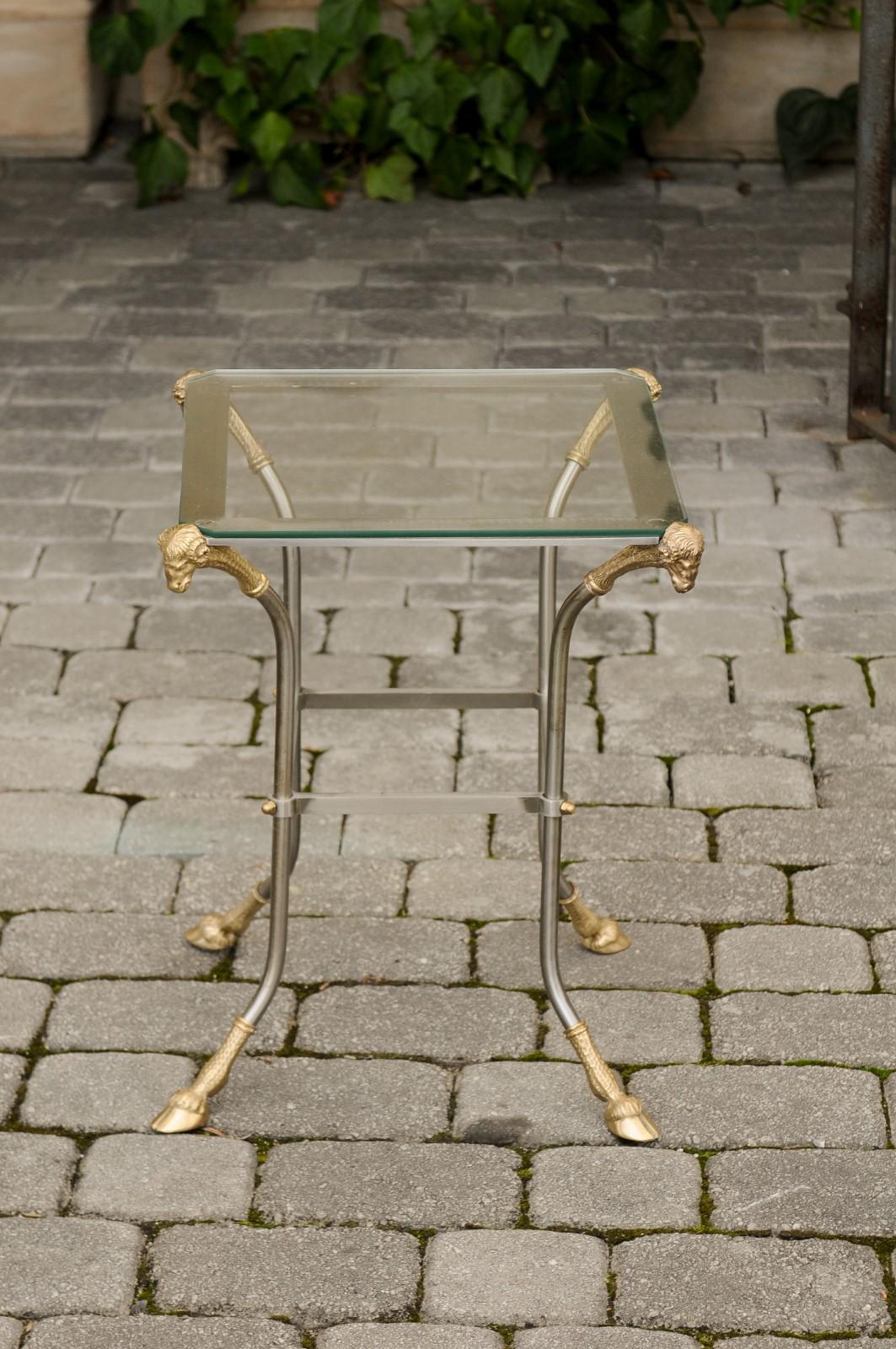 20th Century Vintage Italian Maison Jansen Style Bronze and Steel Side Table with Rams Heads