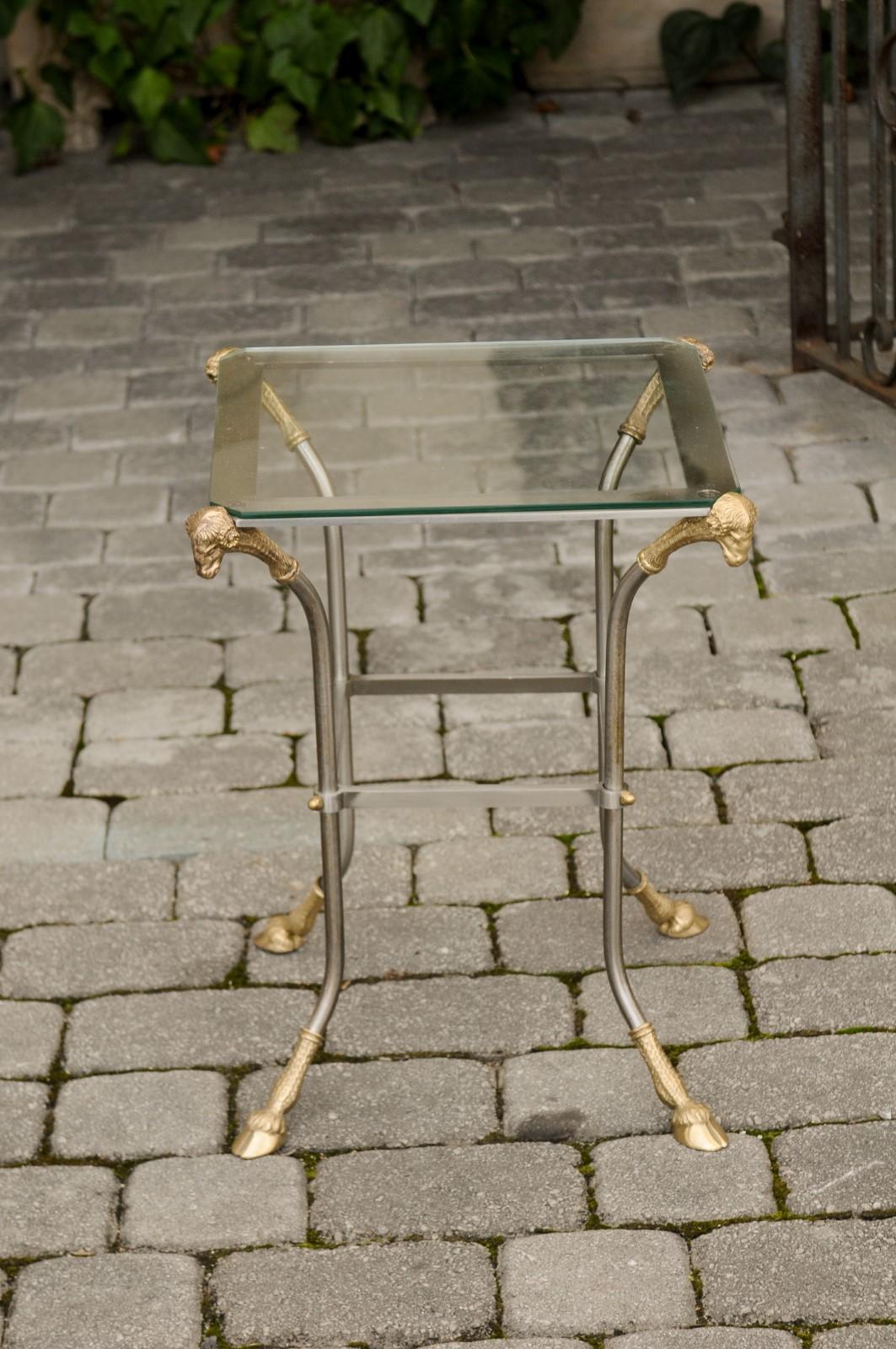 Vintage Italian Maison Jansen Style Bronze and Steel Side Table with Rams Heads 1