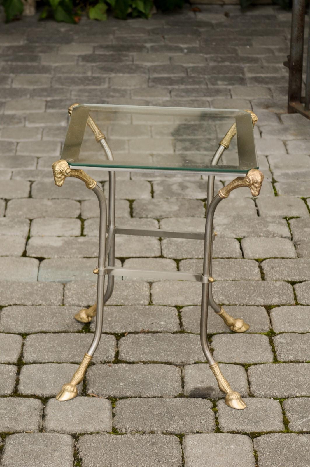 Vintage Italian Maison Jansen Style Bronze and Steel Side Table with Rams Heads 2