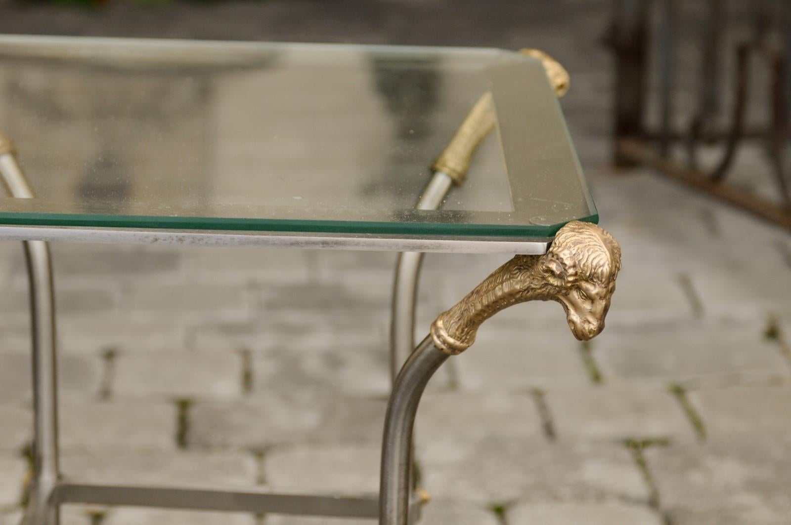 Vintage Italian Maison Jansen Style Bronze and Steel Side Table with Rams Heads 3