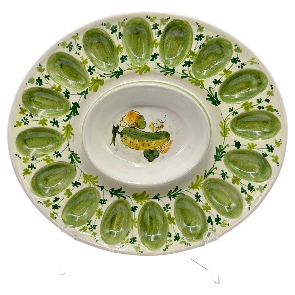 Vintage Italian Majolica Egg Plate / Deviled Egg Platter, Hand-Painted Cucumber For Sale