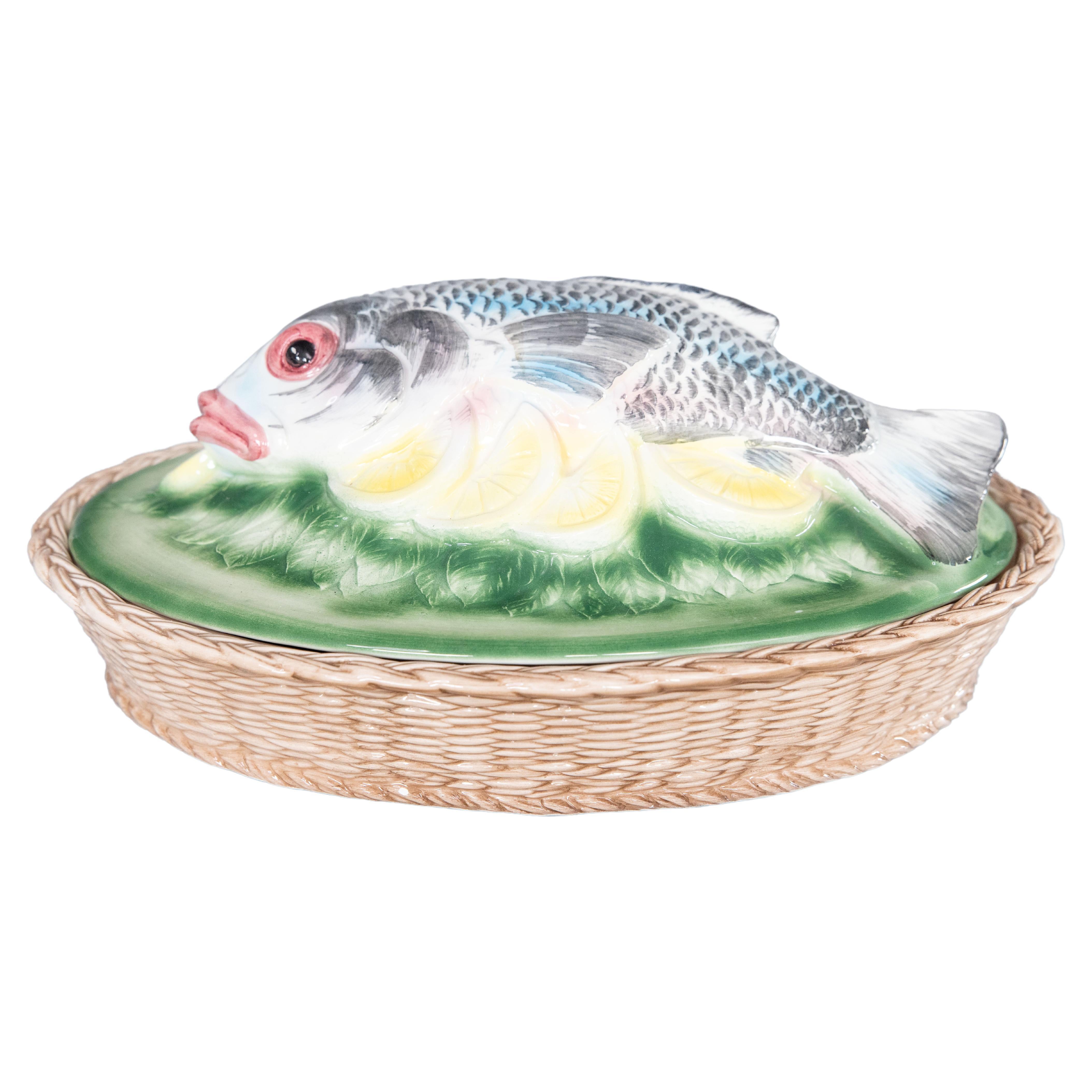 Vintage Italian Majolica Fish Lidded Tureen Dish Centerpiece