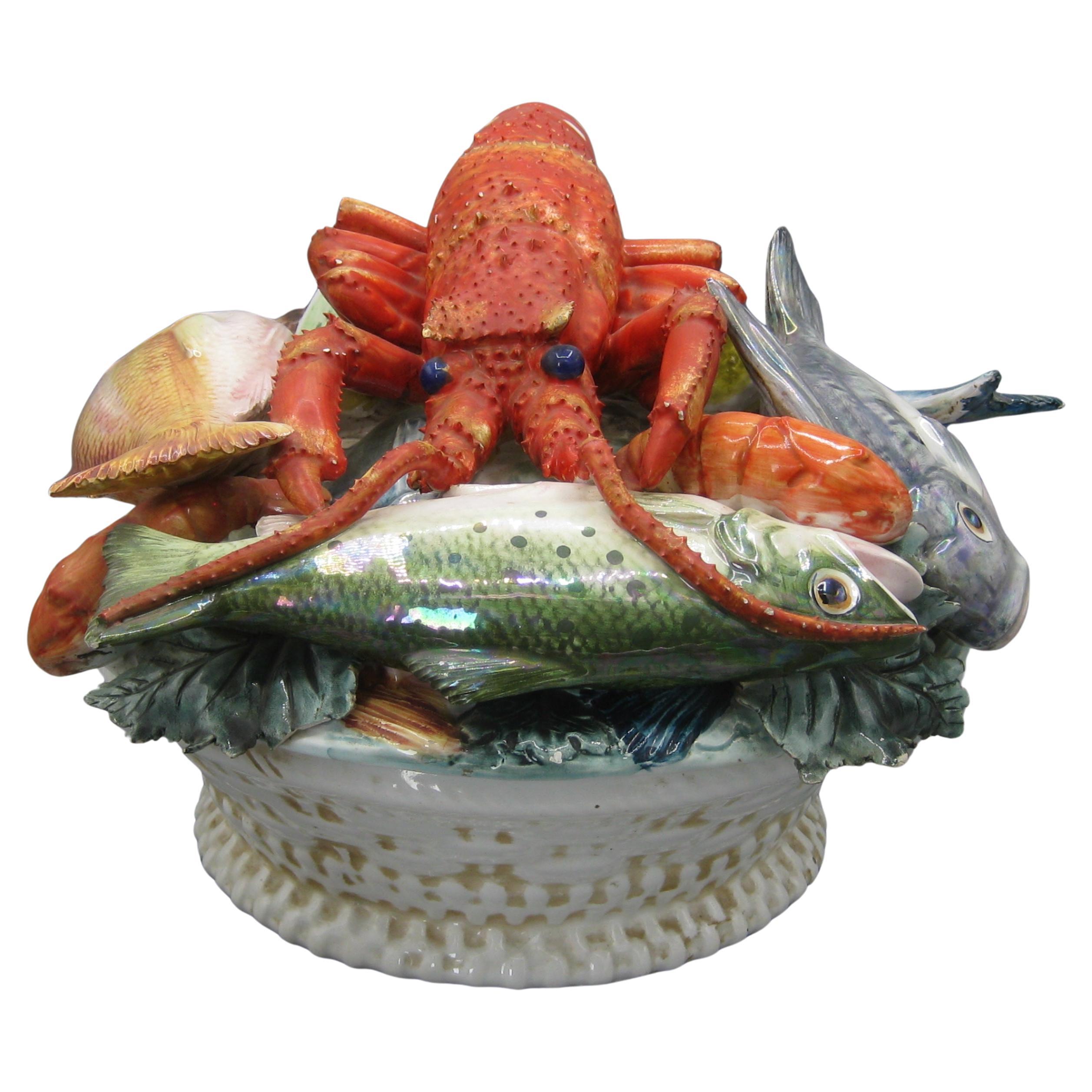 Vintage Italian Majolica Frutti di Mare Meer Kreaturen Deckel Tafelaufsatz Schüssel