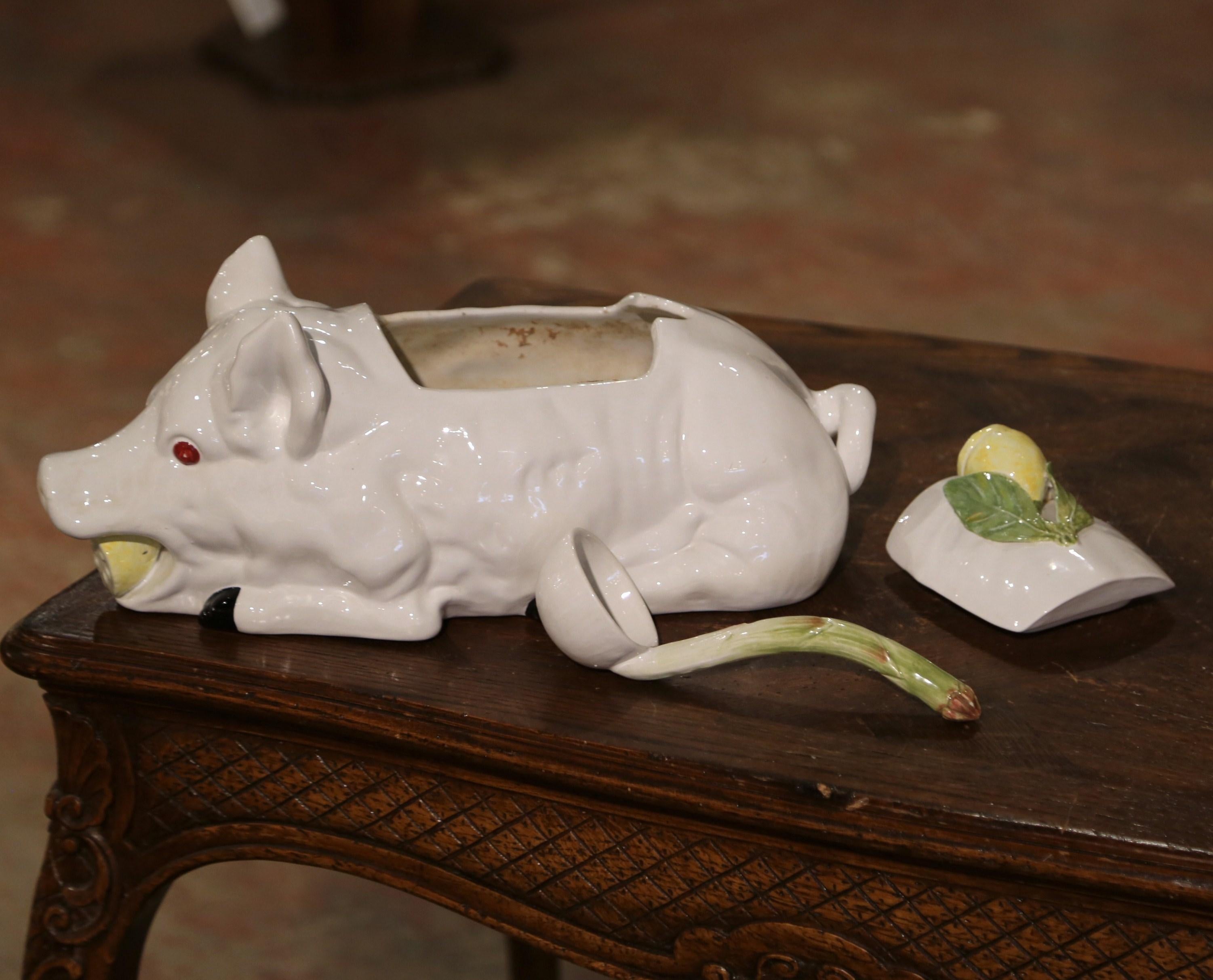 Vintage Italian Majolica Porcelain Pig-Form Soup Tureen with Lid and Ladle For Sale 5