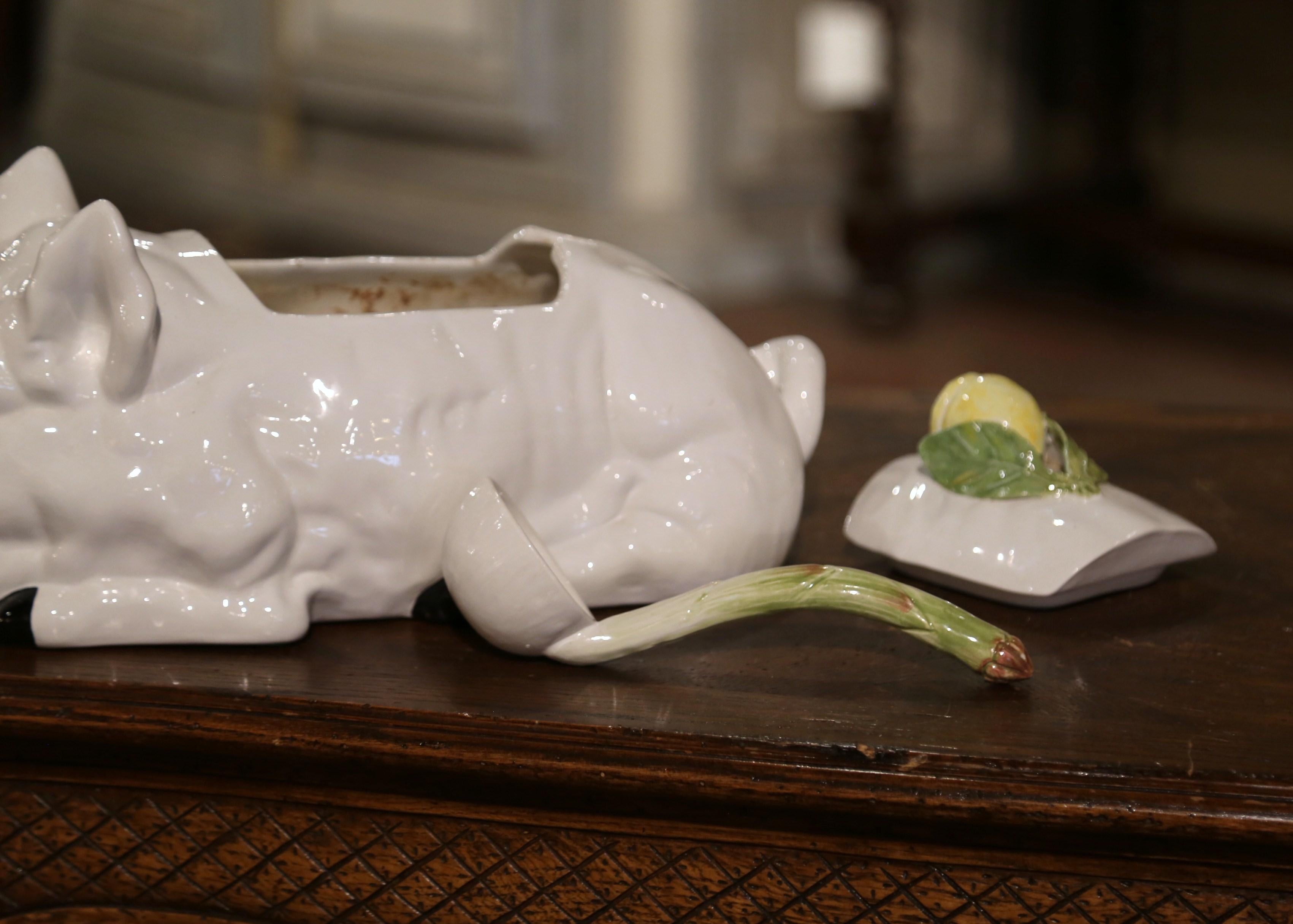 Vintage Italian Majolica Porcelain Pig-Form Soup Tureen with Lid and Ladle For Sale 6
