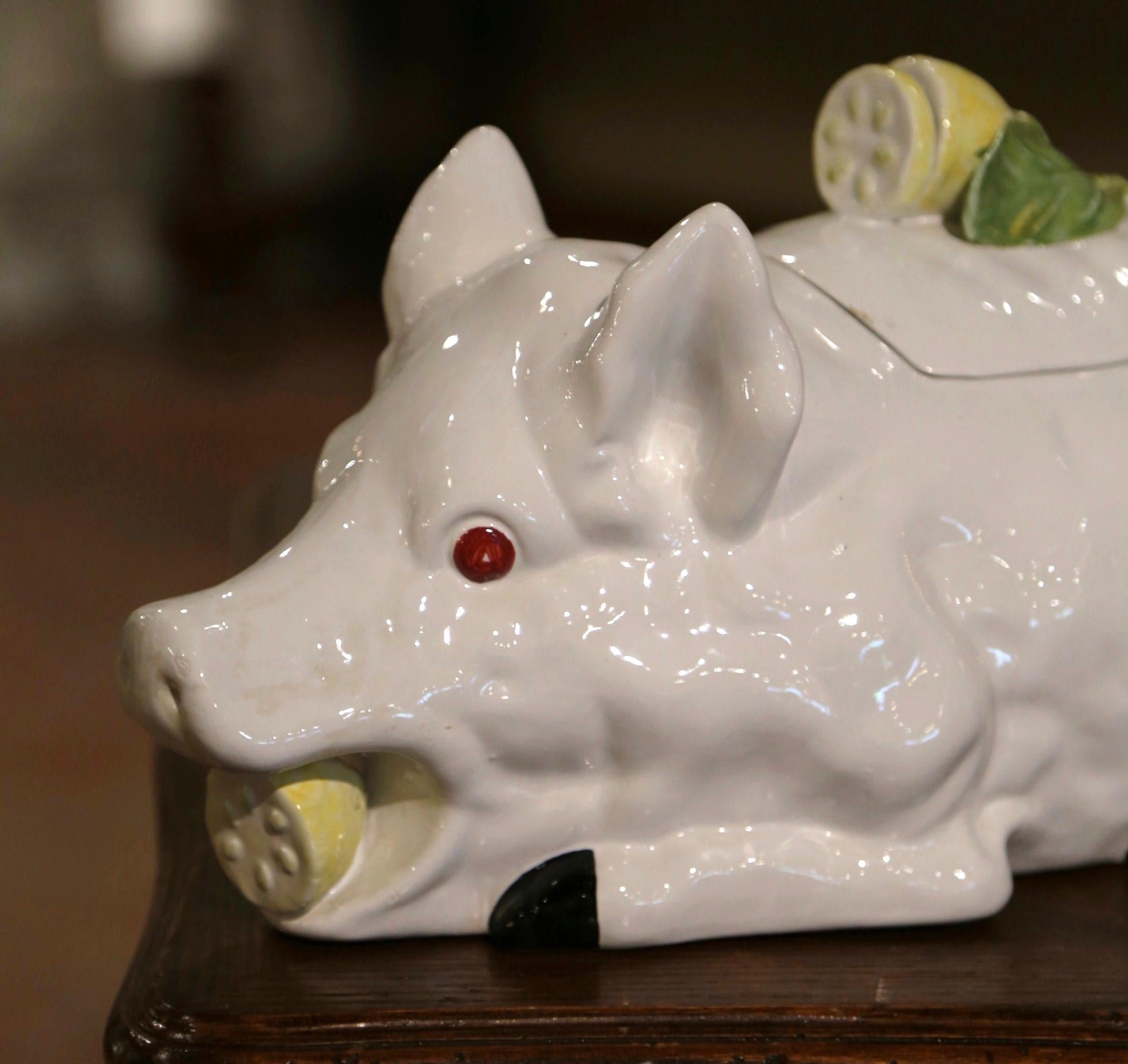 Hand-Crafted Vintage Italian Majolica Porcelain Pig-Form Soup Tureen with Lid and Ladle For Sale