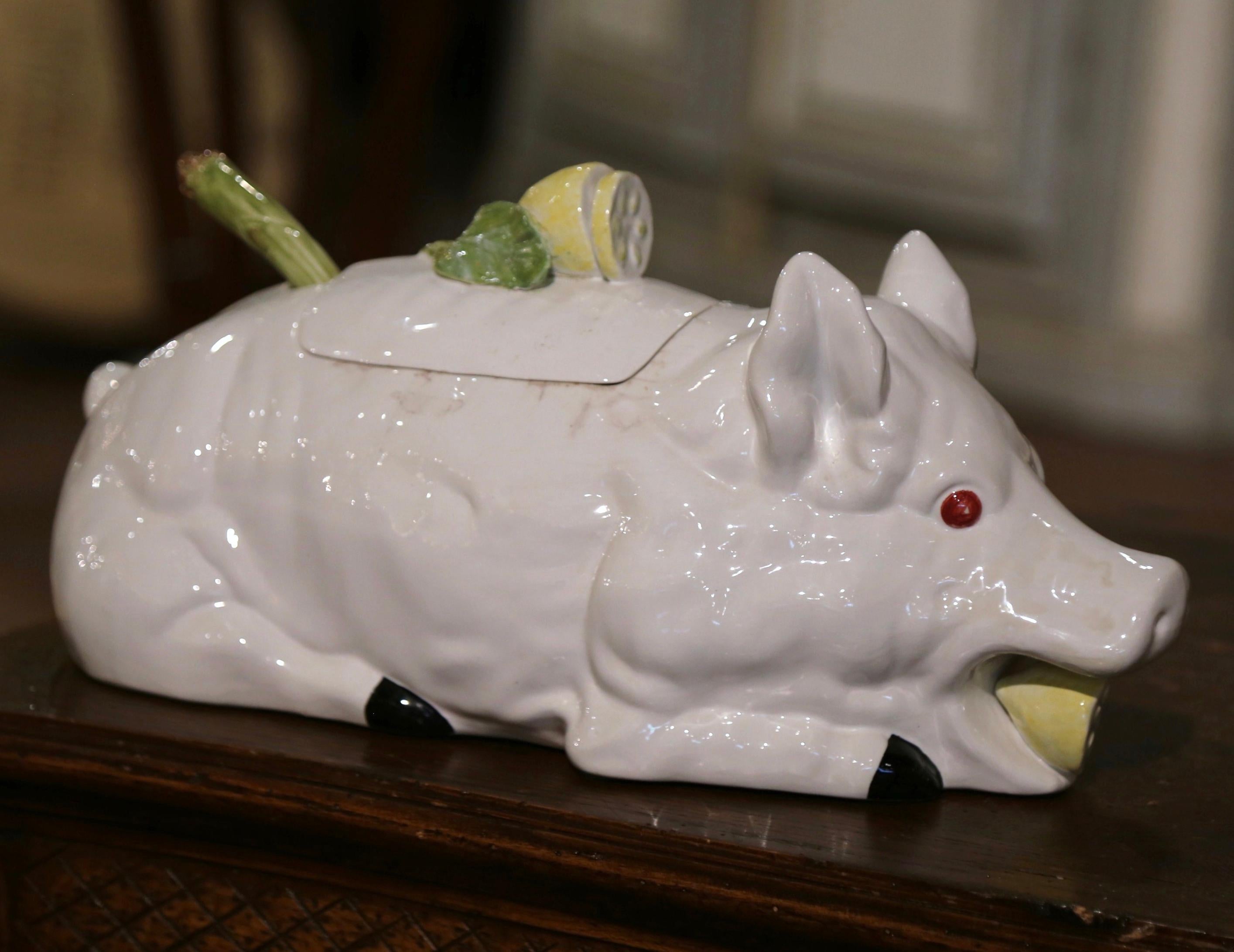 Vintage Italian Majolica Porcelain Pig-Form Soup Tureen with Lid and Ladle For Sale 1