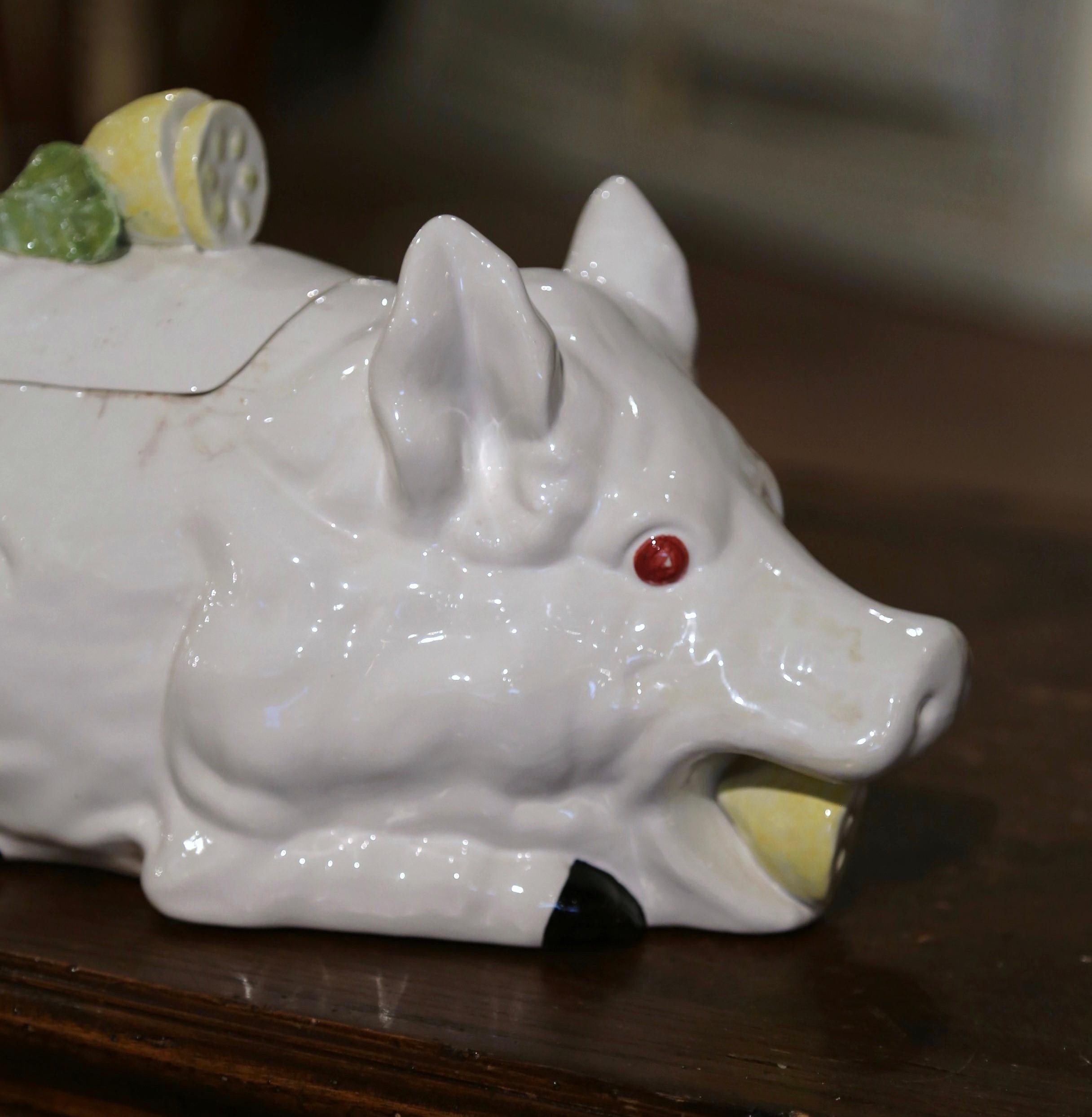 Vintage Italian Majolica Porcelain Pig-Form Soup Tureen with Lid and Ladle For Sale 2