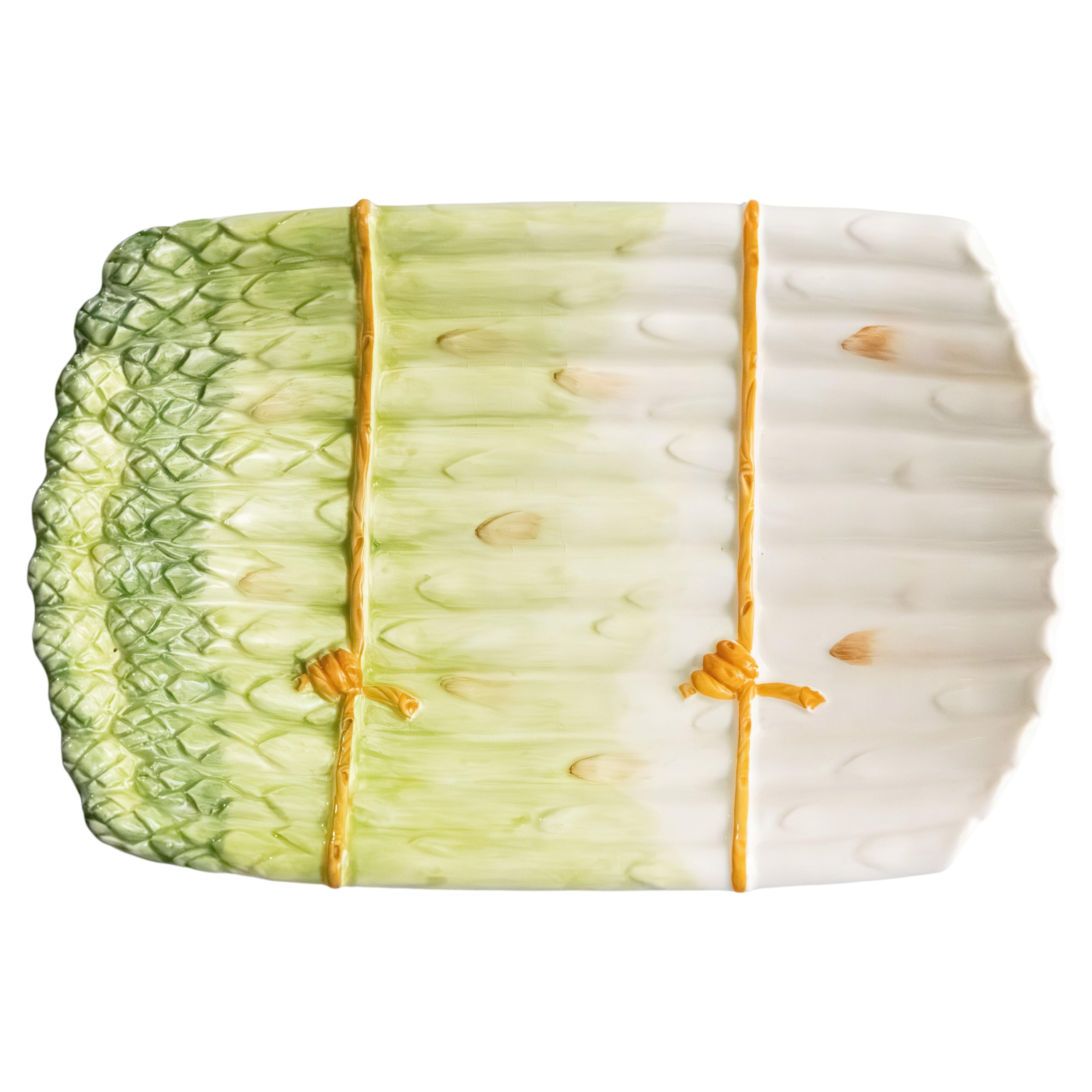 Vintage Italian Majolica Trompe l'Oeil Asparagus Footed Dish