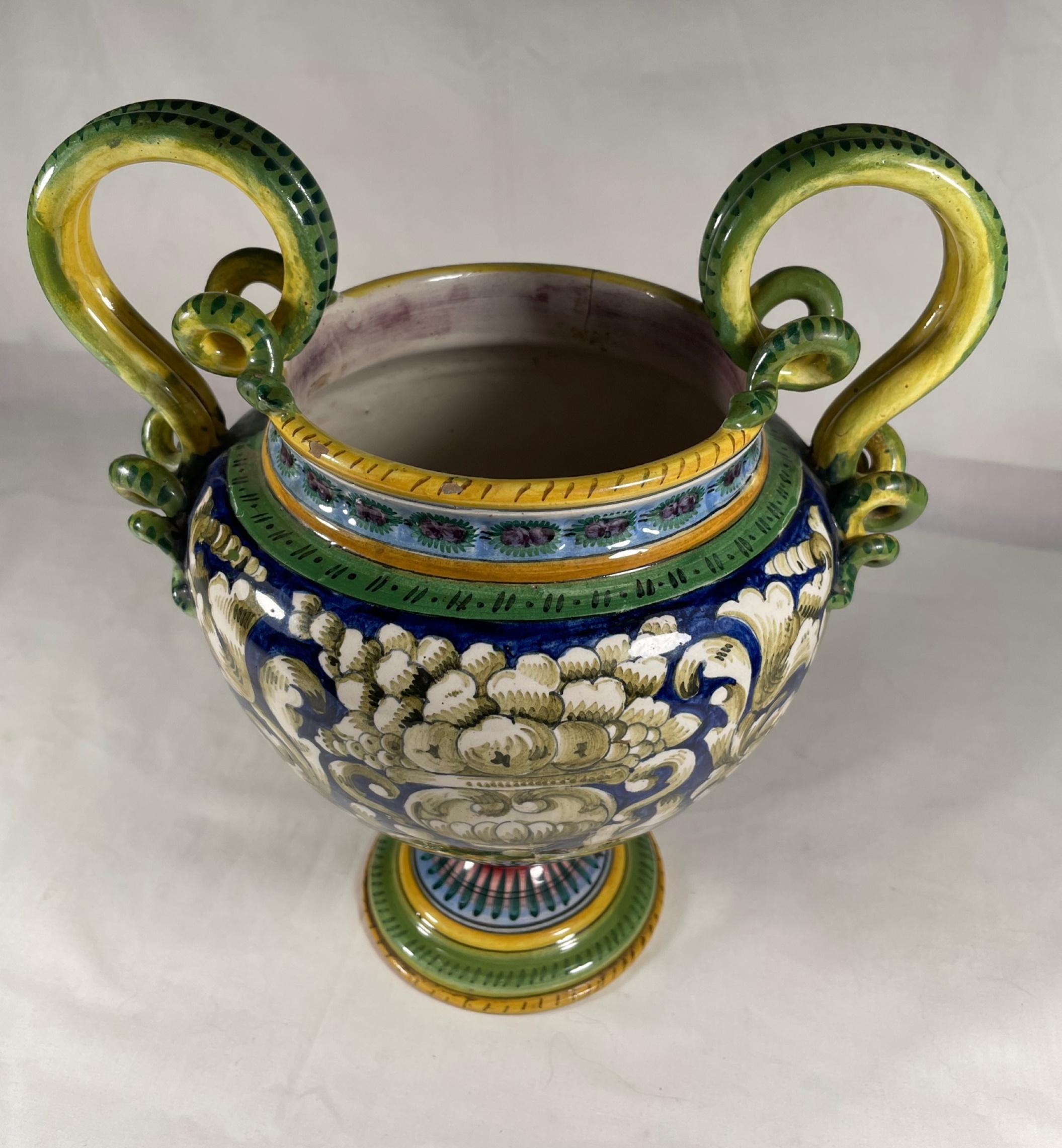 Renaissance Revival Vintage Italian Majolica Two-Handled Urn