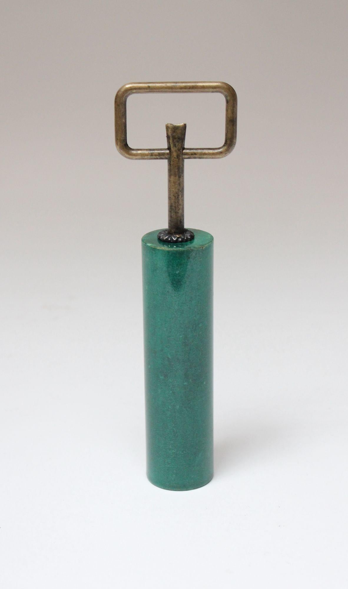 Mid-Century Modern Vintage Italian Malachite Green Goatskin and Brass Bottle Opener by Aldo Tura For Sale