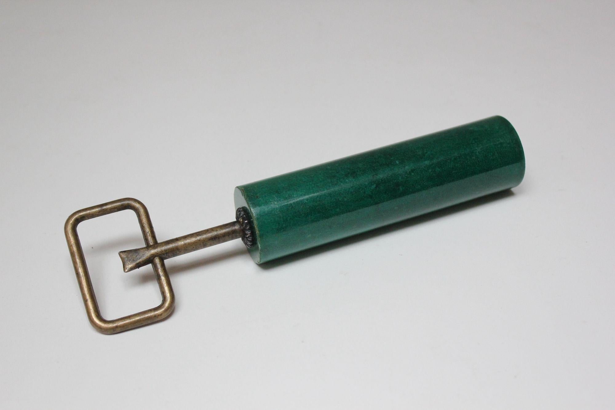 Vintage Italian Malachite Green Goatskin and Brass Bottle Opener by Aldo Tura In Good Condition For Sale In Brooklyn, NY