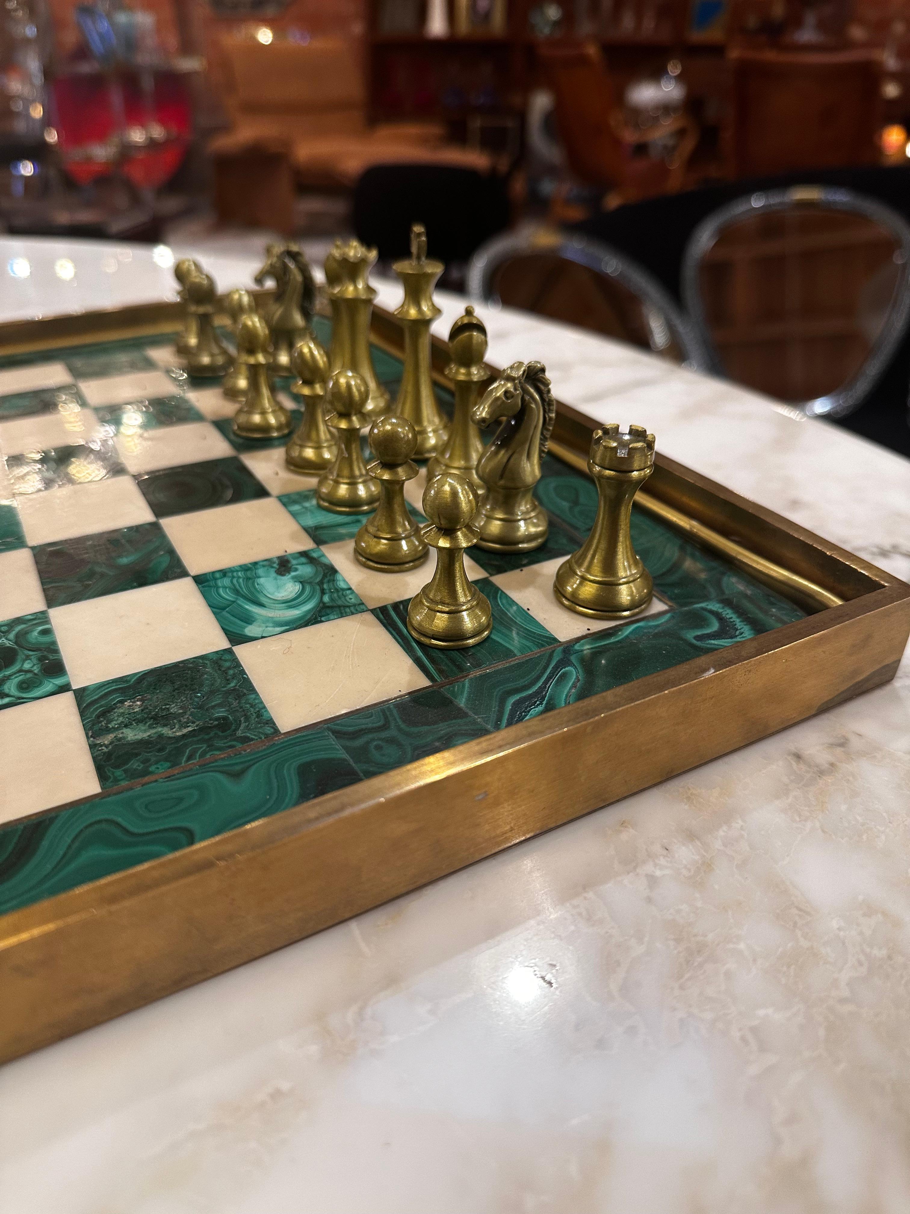 Brass Vintage Italian Malachite Large Chess Set with Meta Pieces 1960s