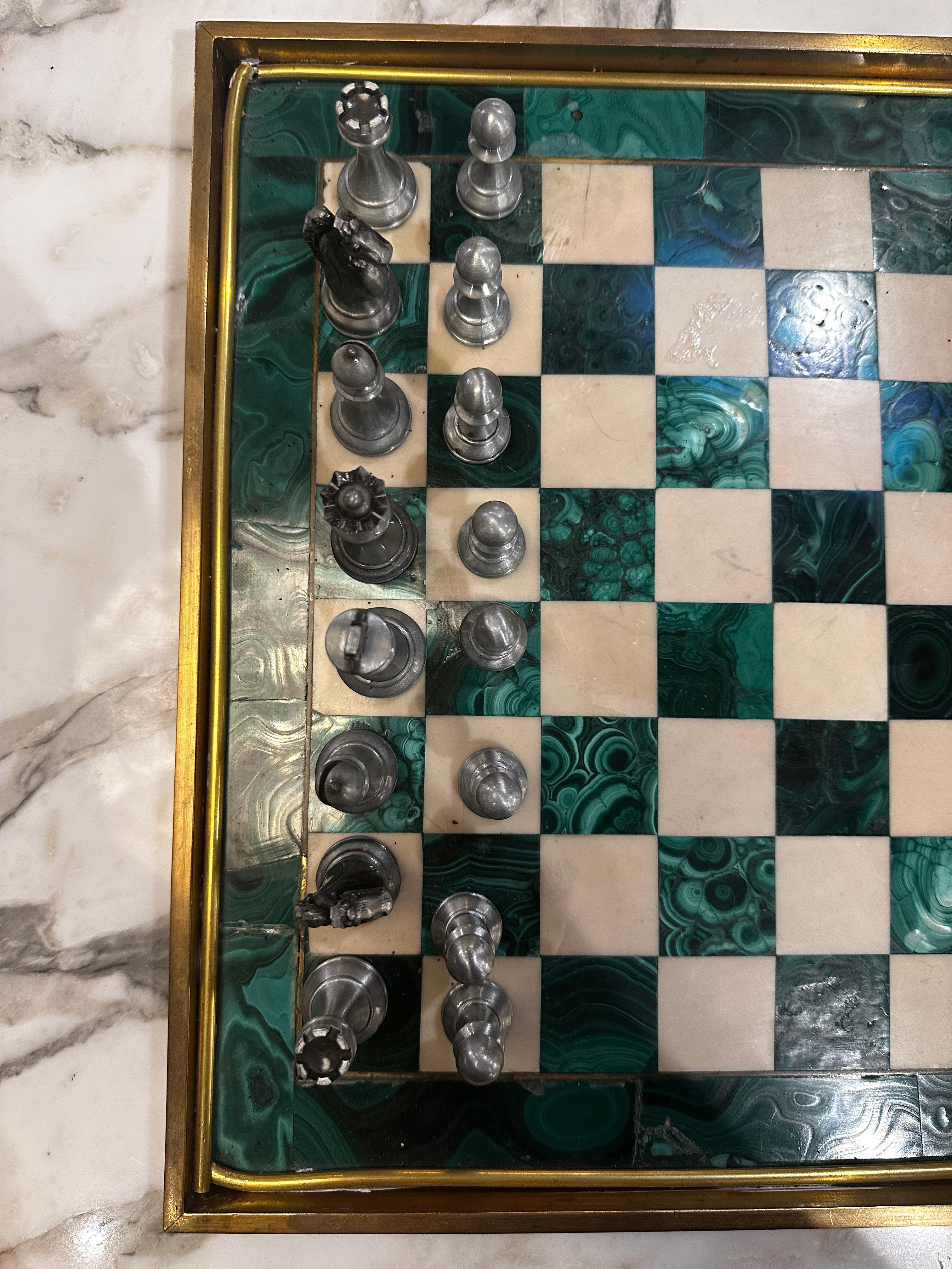 Grand jeu d'échecs italien vintage en malachite avec Pieces Meta 1960s 1