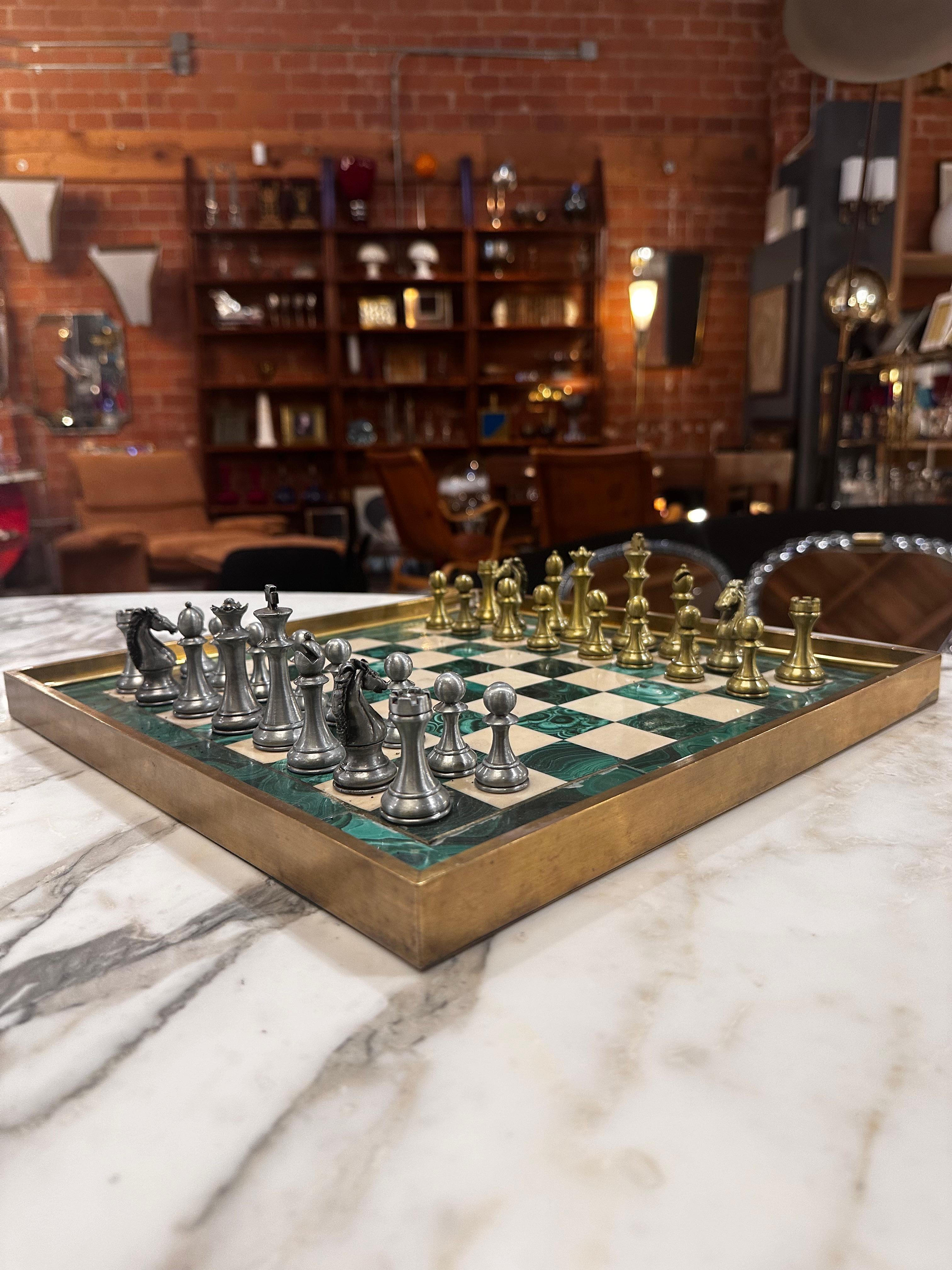 Vintage Italian Malachite Large Chess Set with Meta Pieces 1960s 2