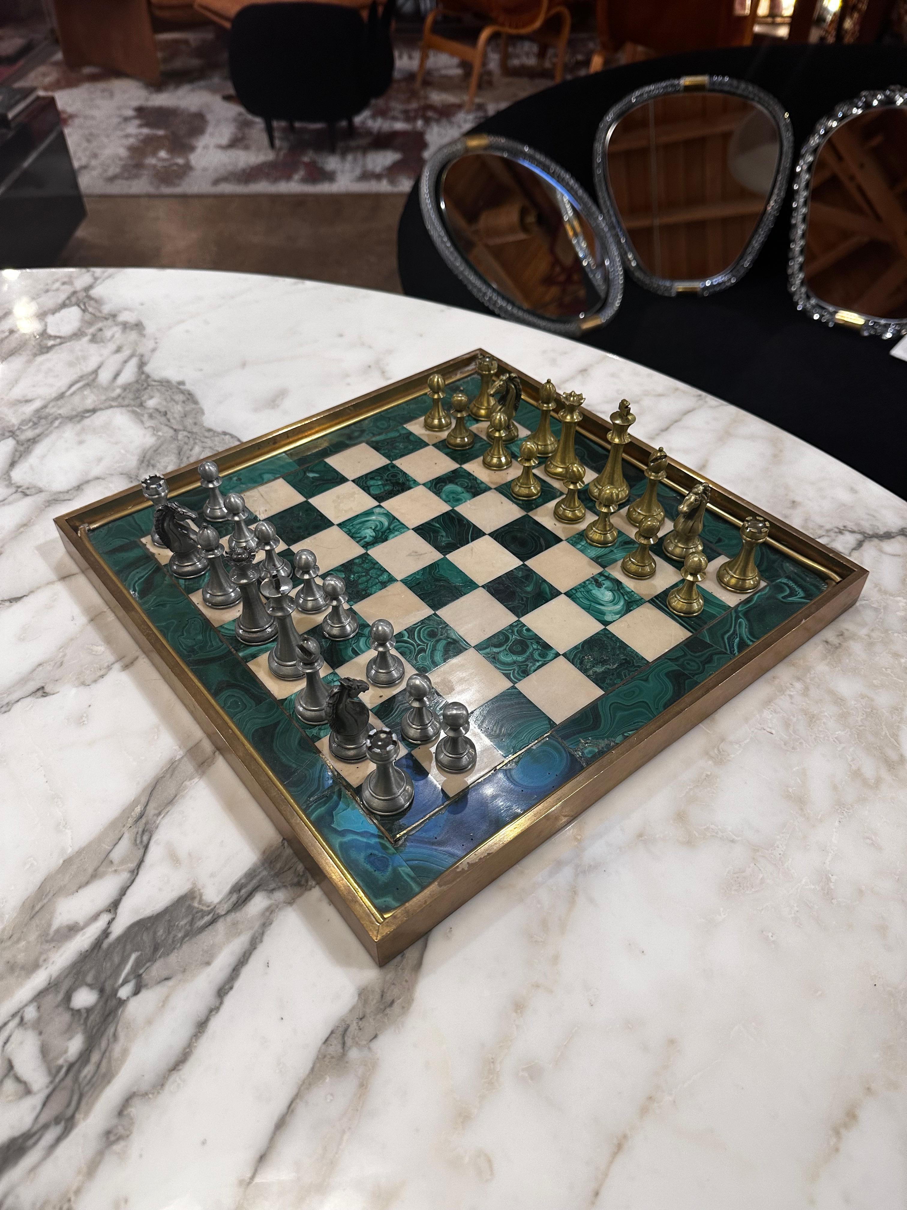 Grand jeu d'échecs italien vintage en malachite avec Pieces Meta 1960s 3