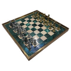 Vintage Italian Malachite Large Chess Set with Meta Pieces 1960s