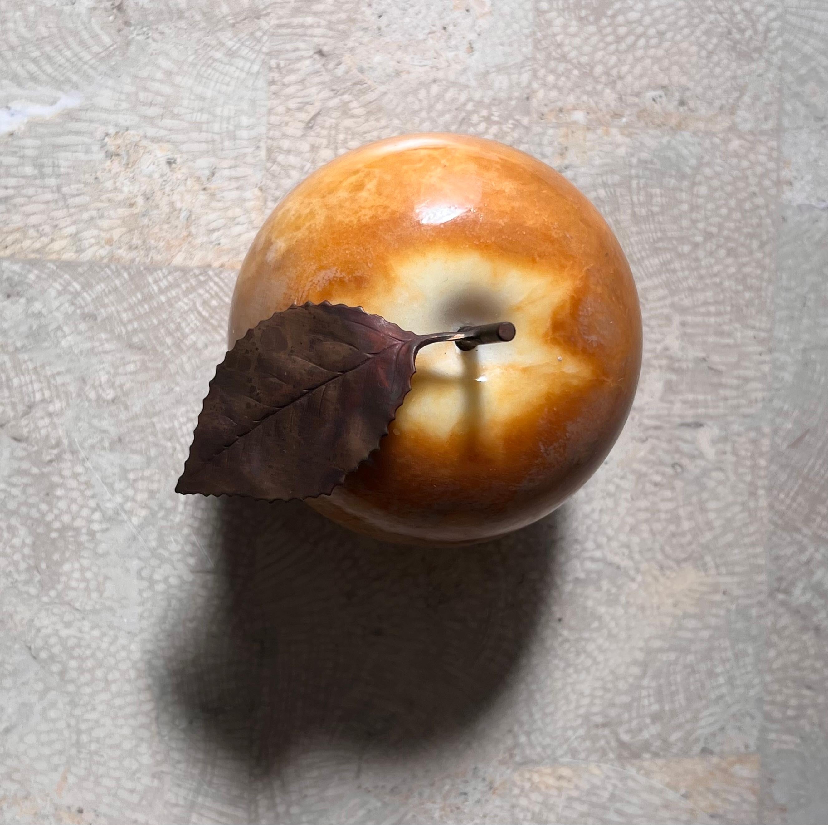 Hand-Carved Vintage Italian marble alabaster apple with bronze leaf, by Ducceschi, 20th c For Sale