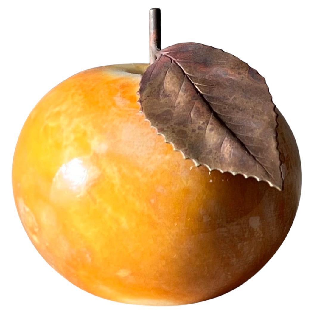 Vintage Italian marble alabaster apple with bronze leaf, by Ducceschi, 20th c For Sale