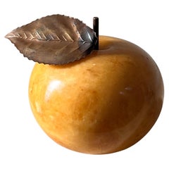 Vintage Italian marble alabaster apple with bronze leaf, by Ducceschi, 20th c