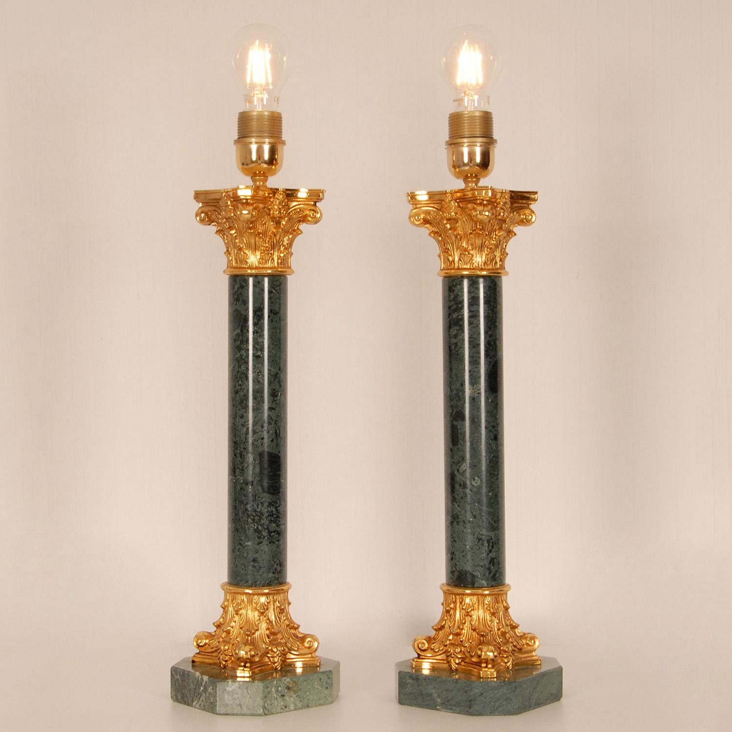 Vintage Italian Marble and Gold Gilt Bronze Corinthian Column Table Lamps a pair 6
