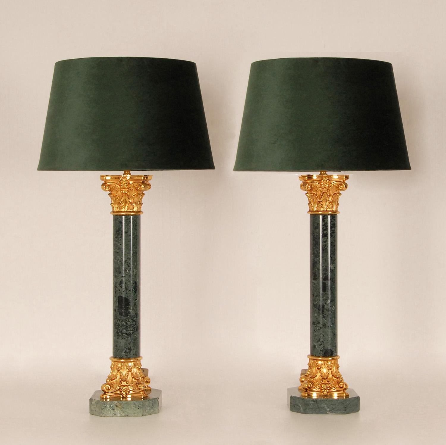 Vintage High end Italian green marble and gold gilded bronze corinthian column table lamps
Style: Napoleonic, Empire, Regency, Neoclassical, Antique, Vintage, classic table lamps
Design: In the manner of E.F. Caldwell, Chapman, Maison Charles,