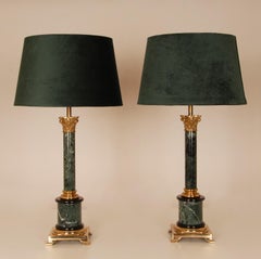 Vintage Italian Marble and Gold Gilt Bronze Corinthian Column Table Lamps a pair