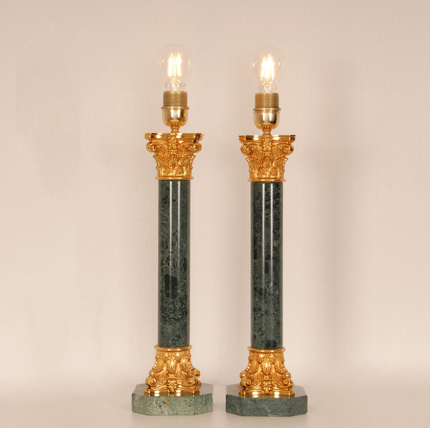 Empire Vintage Italian Marble and Gold Gilt Bronze Corinthian Column Table Lamps a pair
