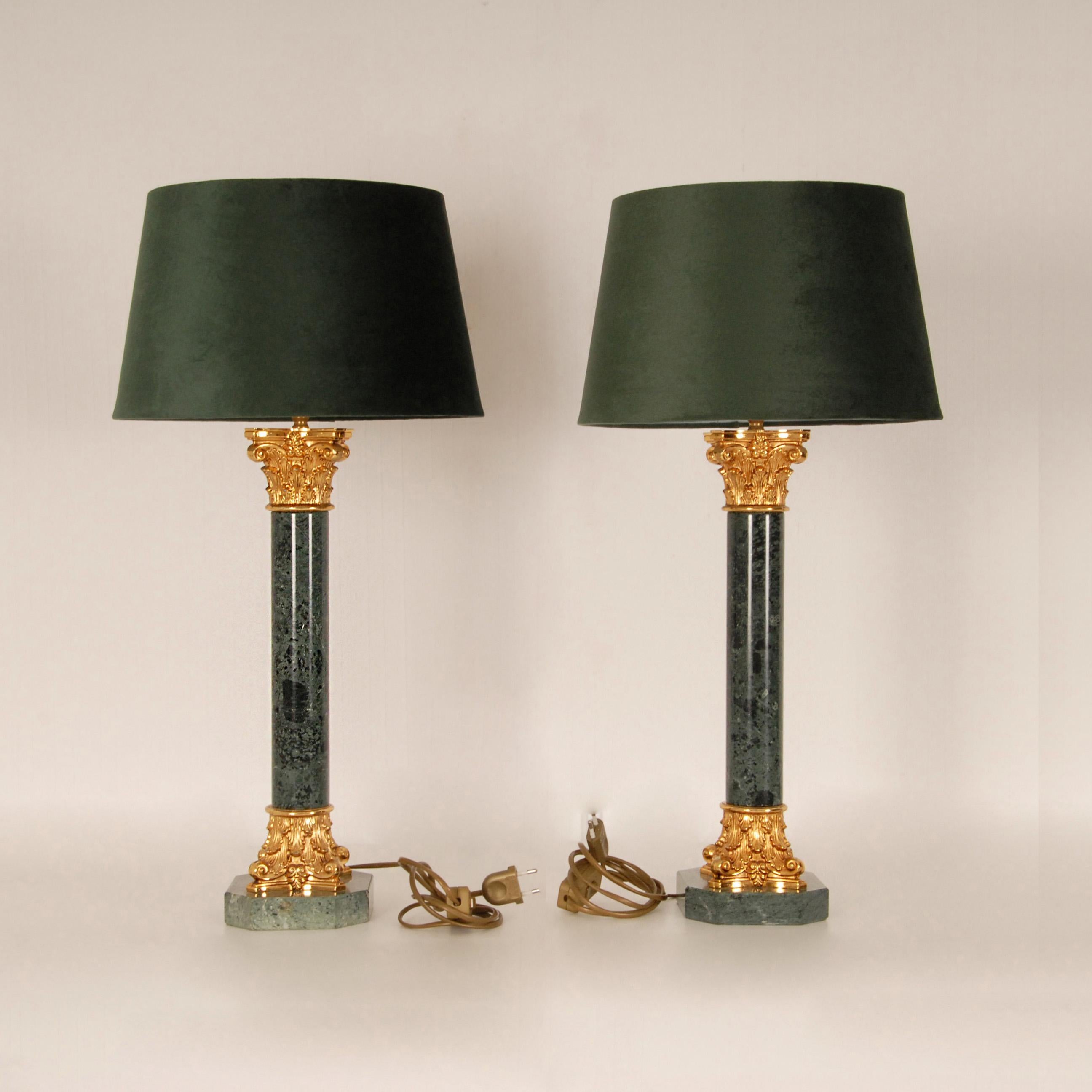 20th Century Vintage Italian Marble and Gold Gilt Bronze Corinthian Column Table Lamps a pair