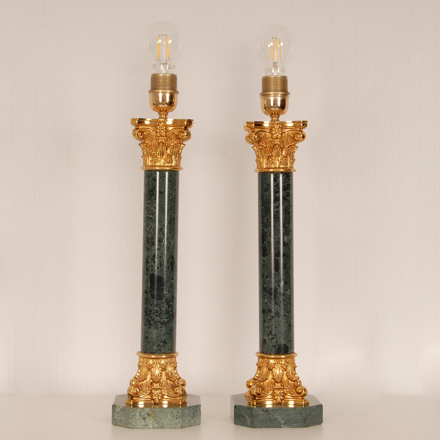 Gold Plate Vintage Italian Marble and Gold Gilt Bronze Corinthian Column Table Lamps a pair