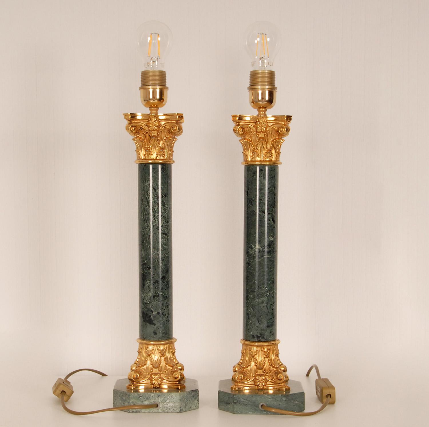 Vintage Italian Marble and Gold Gilt Bronze Corinthian Column Table Lamps a pair 2