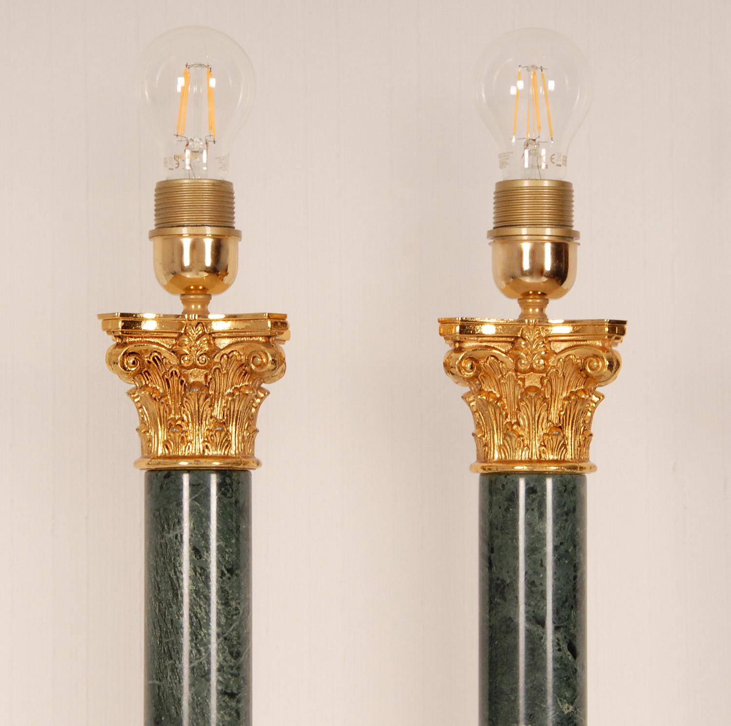Vintage Italian Marble and Gold Gilt Bronze Corinthian Column Table Lamps a pair 3