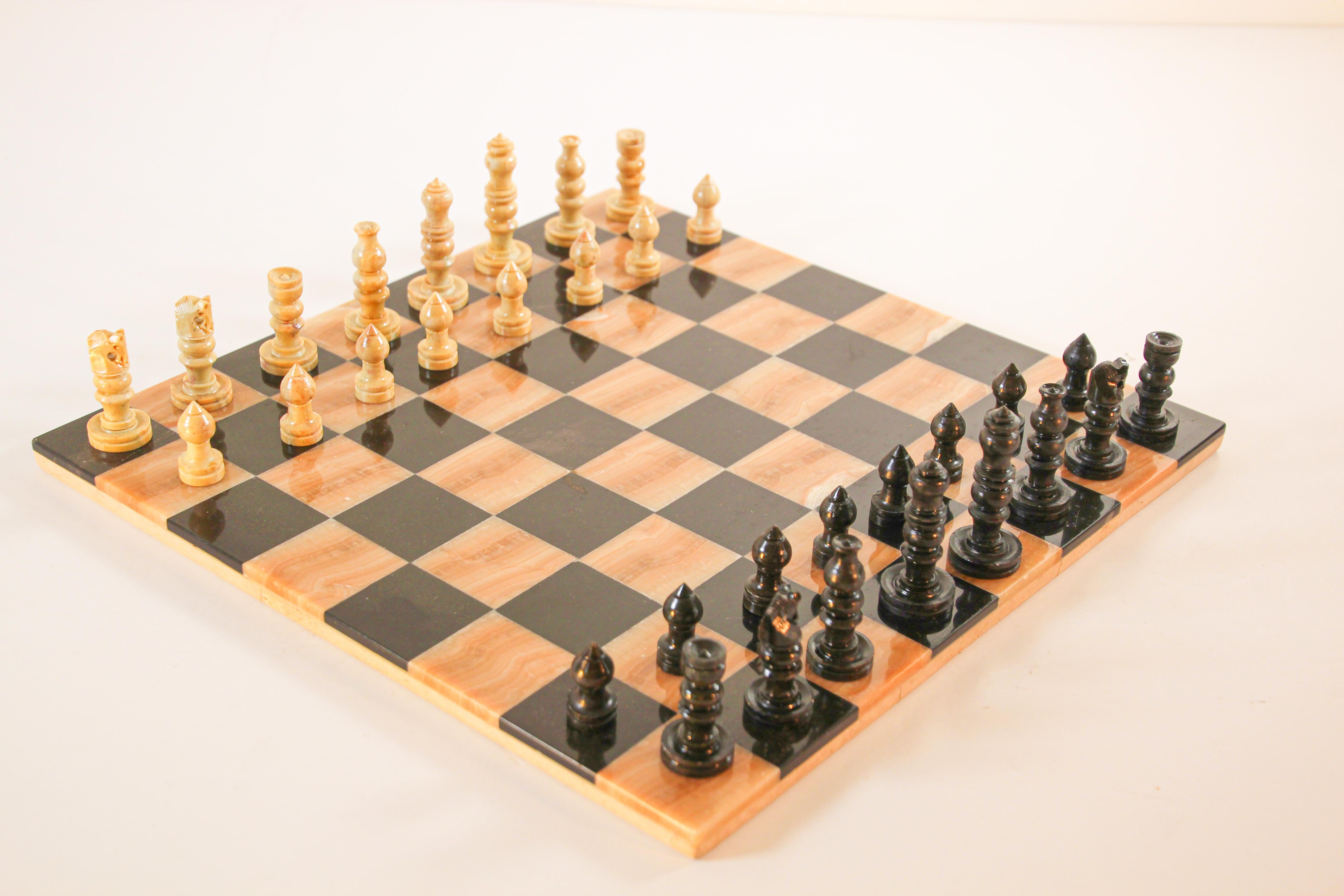 Set di scacchi 15" Cinder Bianco & FOSSILI Beige Marmo/Onice Fatto a mano con Custodia BLU 