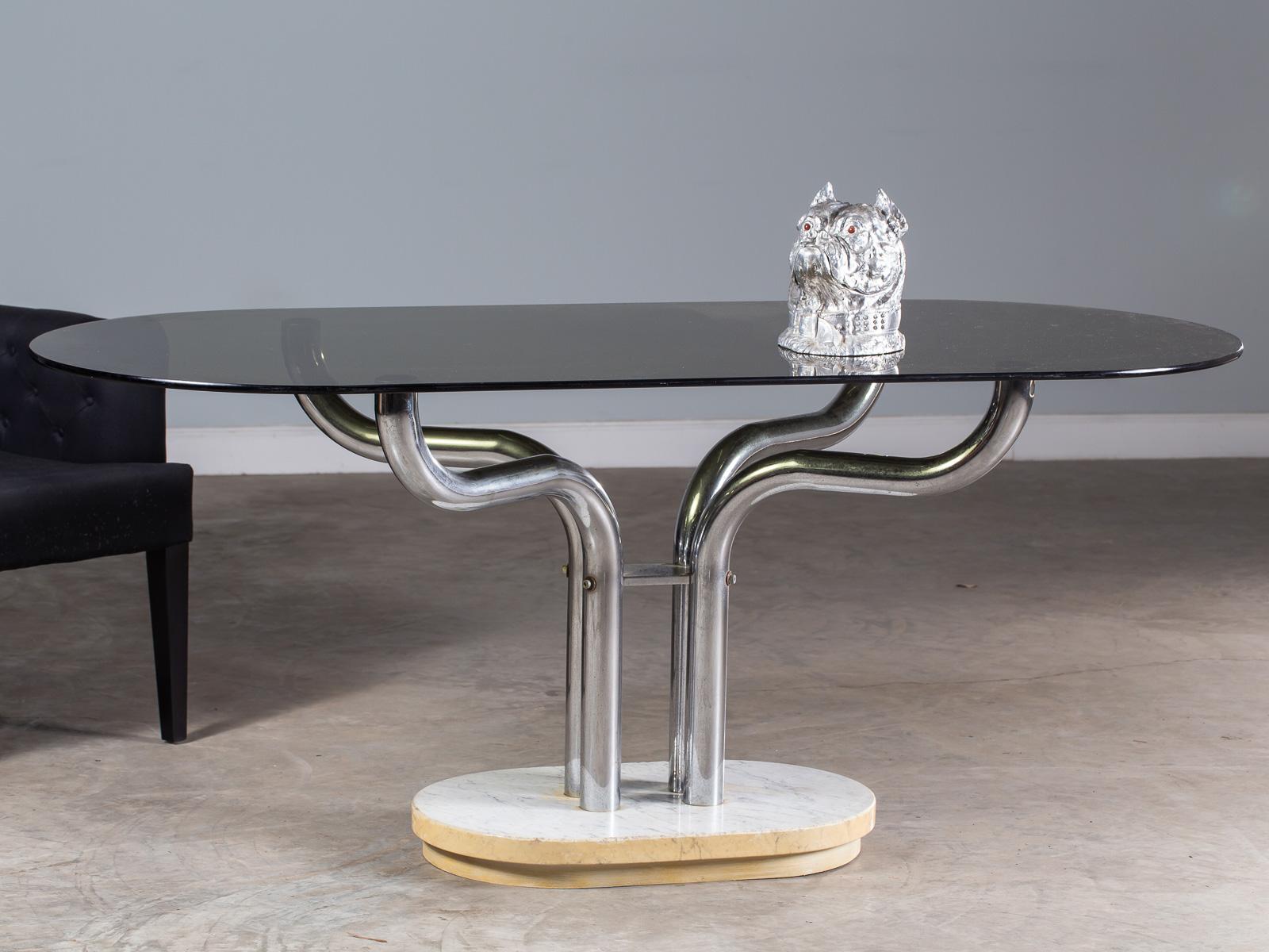 Vintage Italian Marble Chrome Base Glass Top Dining Writing Table, circa 1970 For Sale 4