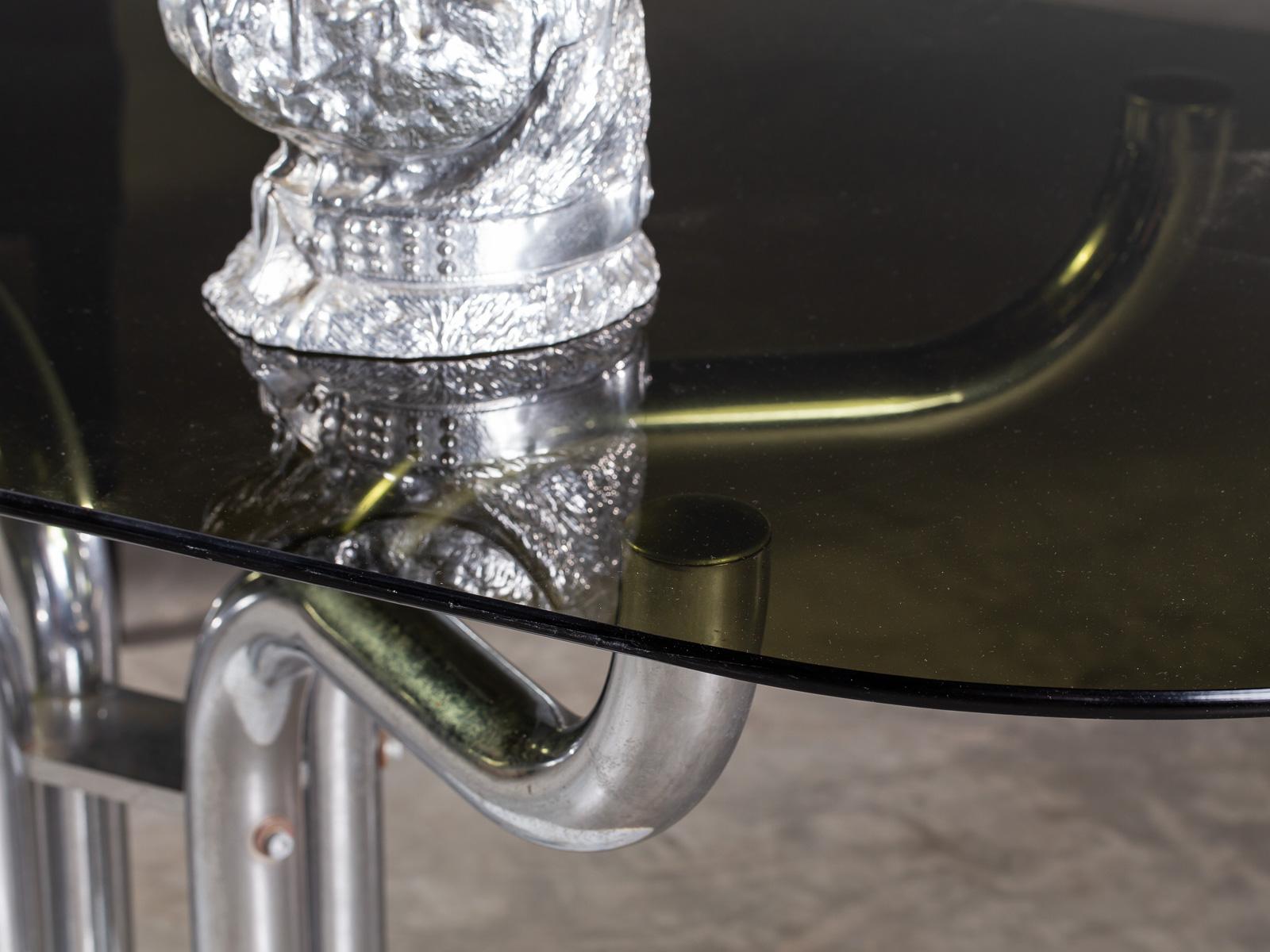 Vintage Italian Marble Chrome Base Glass Top Dining Writing Table, circa 1970 For Sale 8