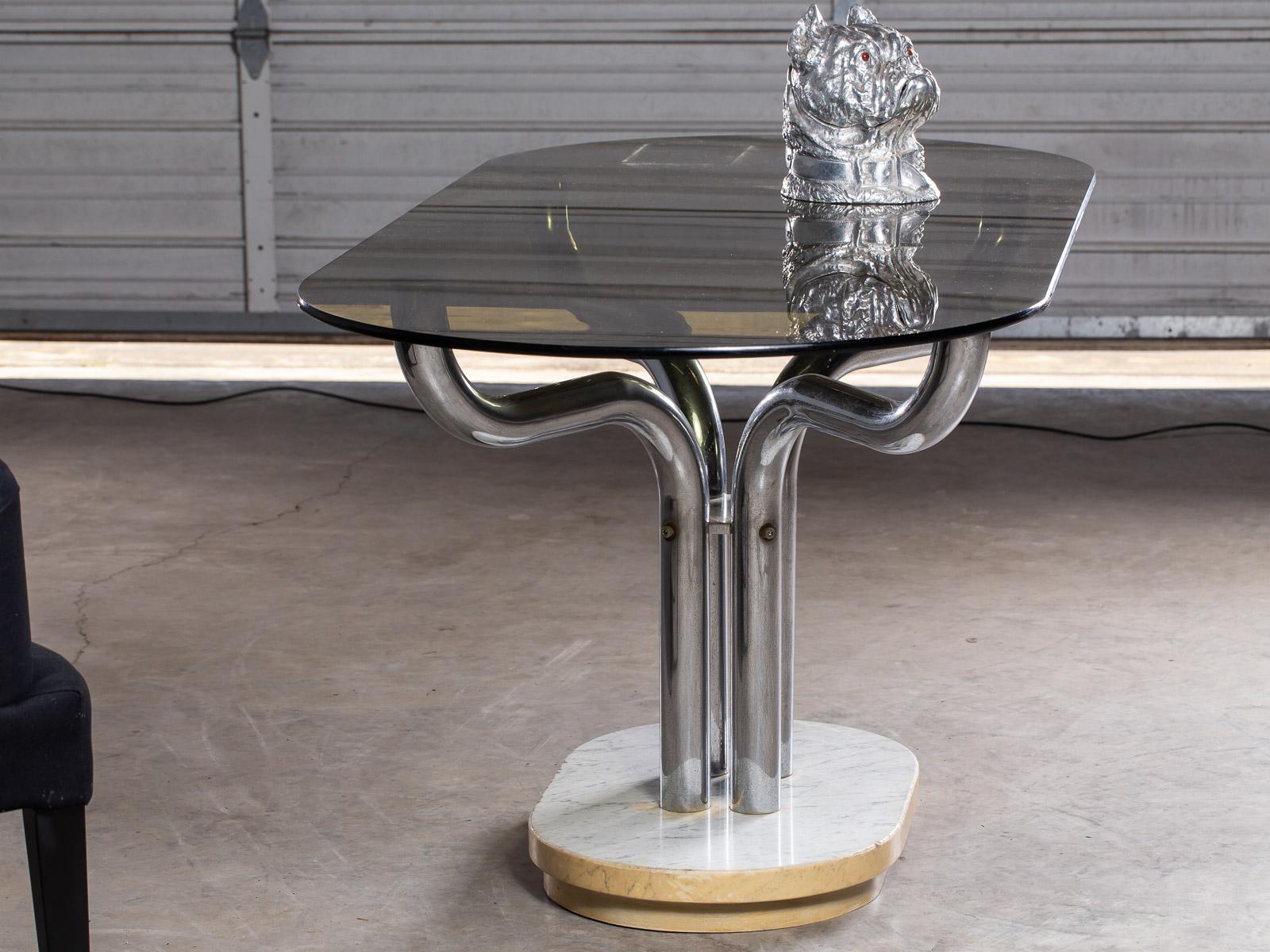 Vintage Italian Marble Chrome Base Glass Top Dining Writing Table, circa 1970 For Sale 11